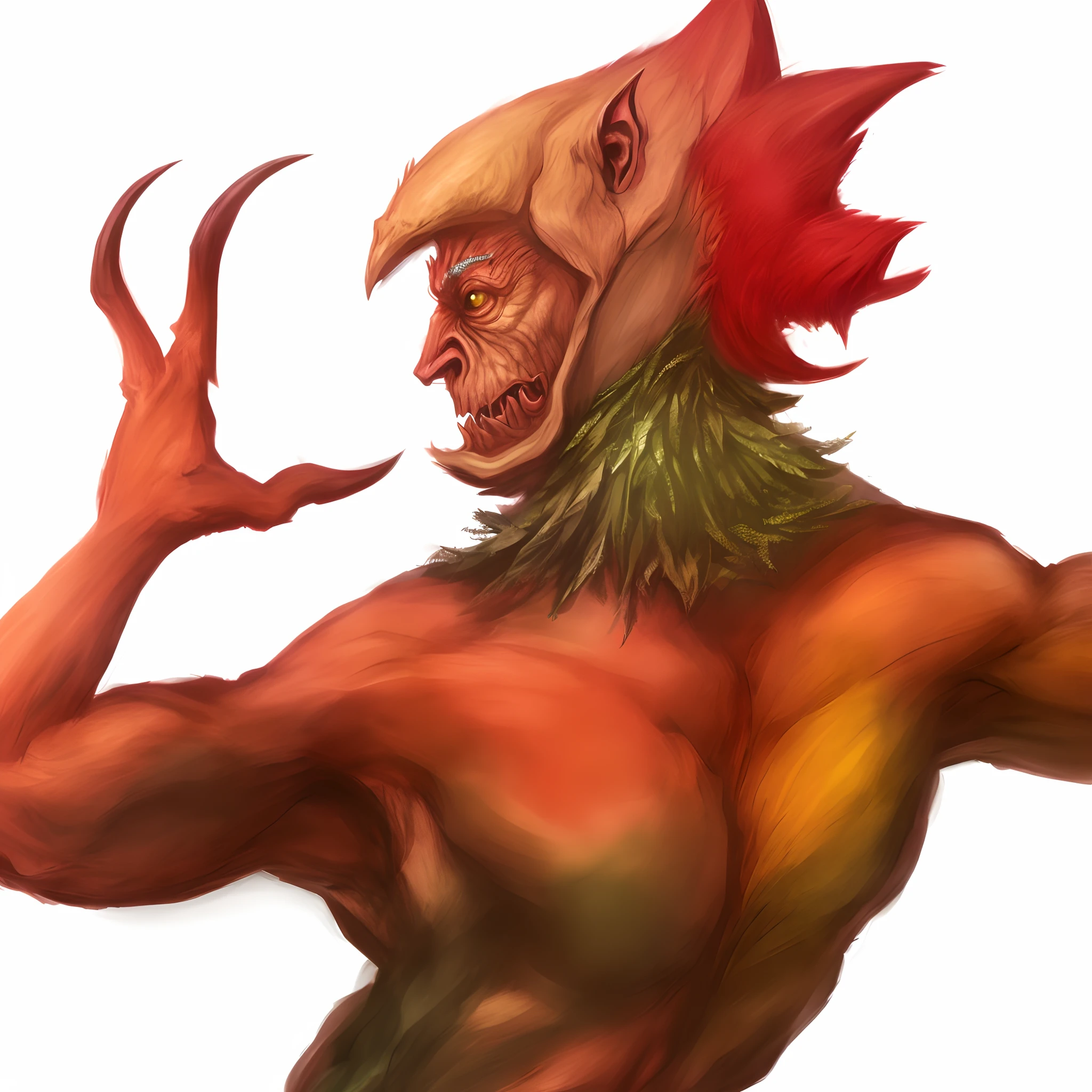 there is a drawing of a man with a bird head and a red beak, human male demon, anthropomorphized chicken, colorful muscular eldritch, dog - faced muscular goblin, portrait demon half human, man male demon, male djinn man demon hybrid, demon male, lowres, portrait of a zentaur, creature bust, human chimera