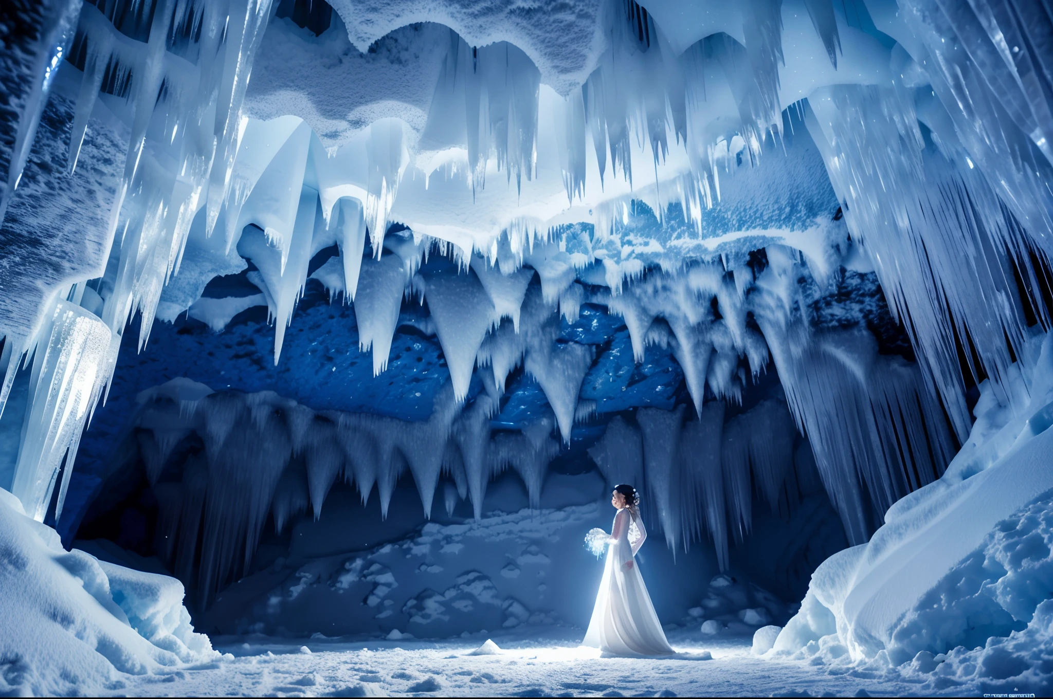 a girl in a cave in a snowy mountain,illustration,crystal-clear icicles,icy stalagmites and stalactites,sparkling snowflakes(best quality,4k,8k,highres,masterpiece:1.2),dimly lit,ethereal,cool blue color palette,faint shafts of light