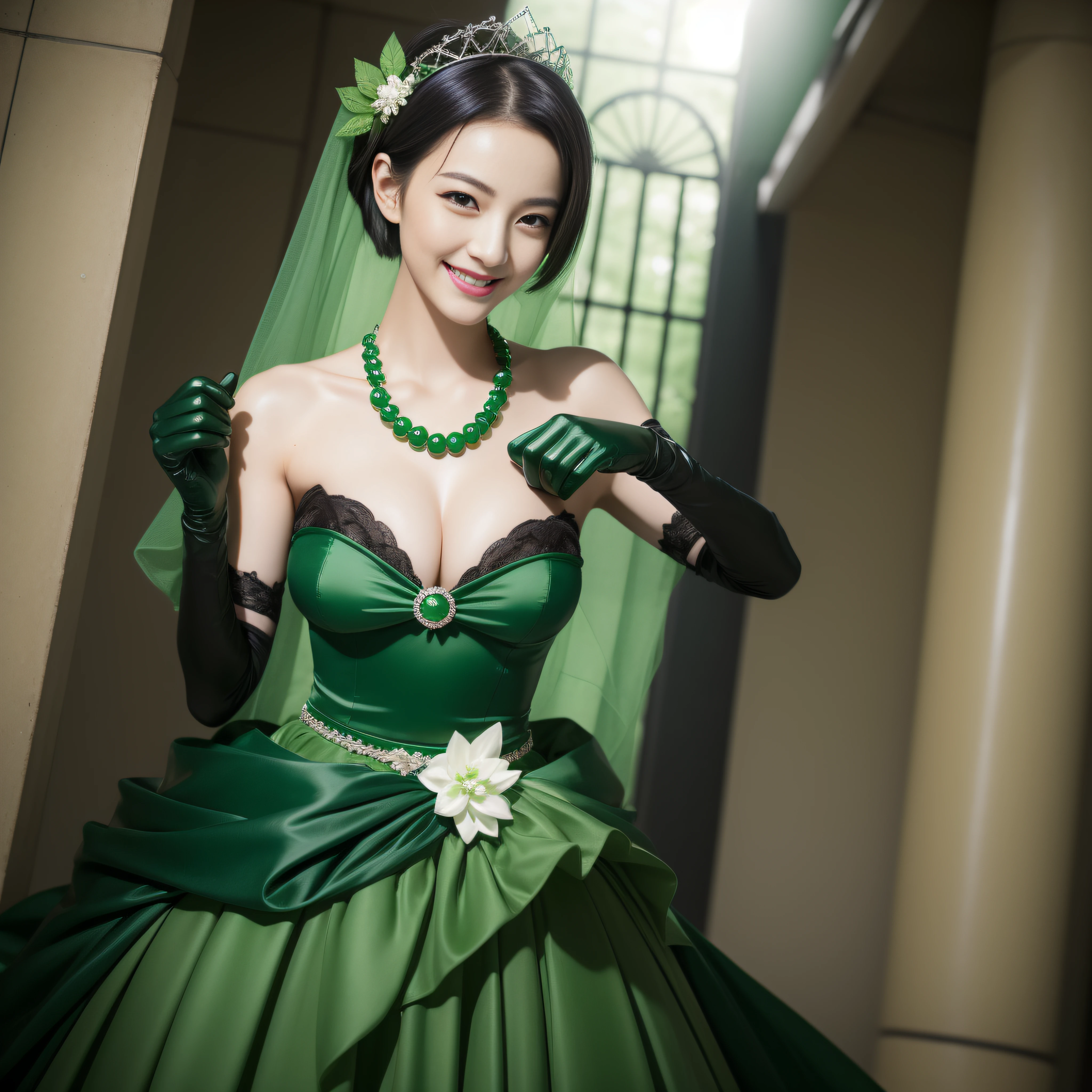 Boyish very short black hair, lipsticks, Japan woman smiling, Green Long Grove, Emerald Tia boyish very short black hair, lipsticks, Japan woman smiling, Satin green long gloves, emerald tiara, Green Pearl Necklace, verd s eyes, Green eyes, Long green gloves made of satin material, big breasts beautiful, Green Bridal Veil