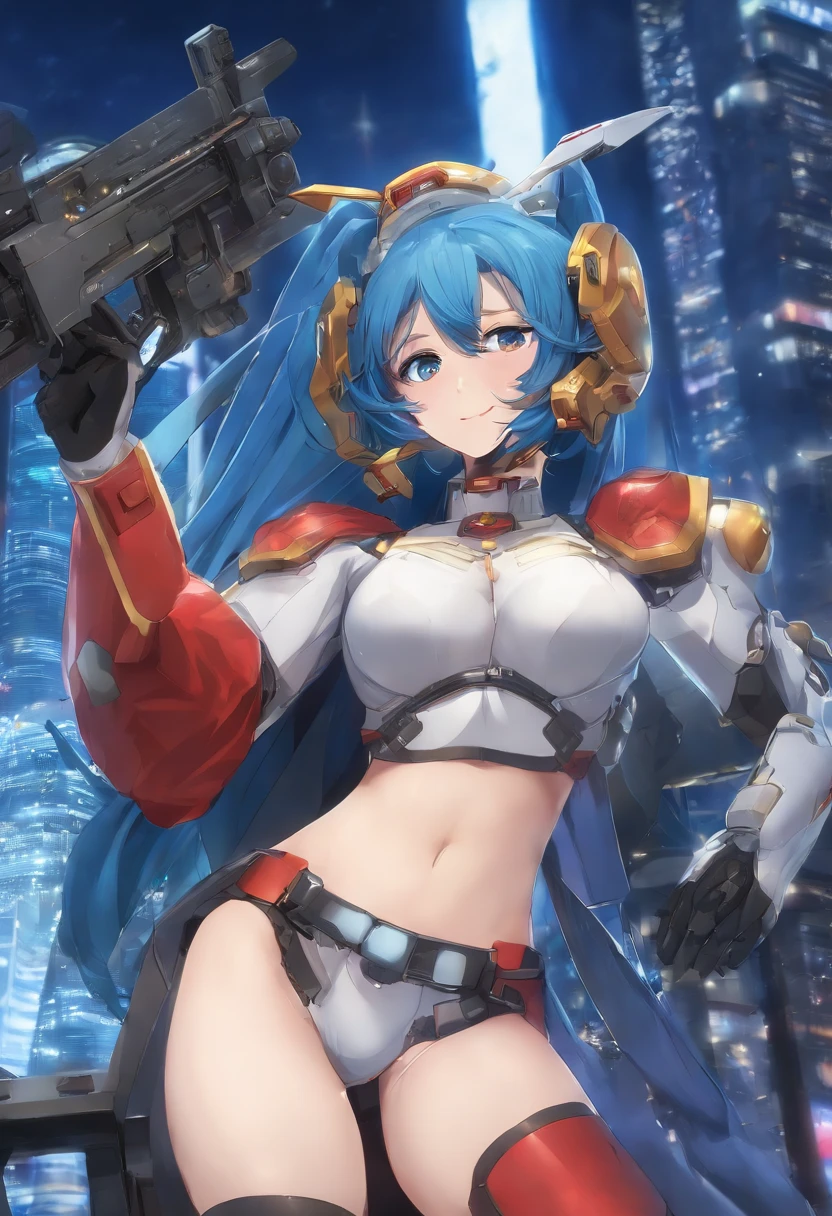 (masutepiece, Best Quality;1.3), Extremely detailed ,ultra-detailliert, 1girl in,Solo, Twin tail, large full breasts, Evil smile, Gundam(RX78), Science fiction, mechs, , Blue hair, Solo, Hair Ornament, Long hair, Twin tail, Gold eyes, Jewelry, earrings, Looking at Viewer,Background of Shinjuku City,Night, Many neon signs, Lunar base, detailed dress, Micro Mini Skirt, From below, Sitting,, bustshot,
