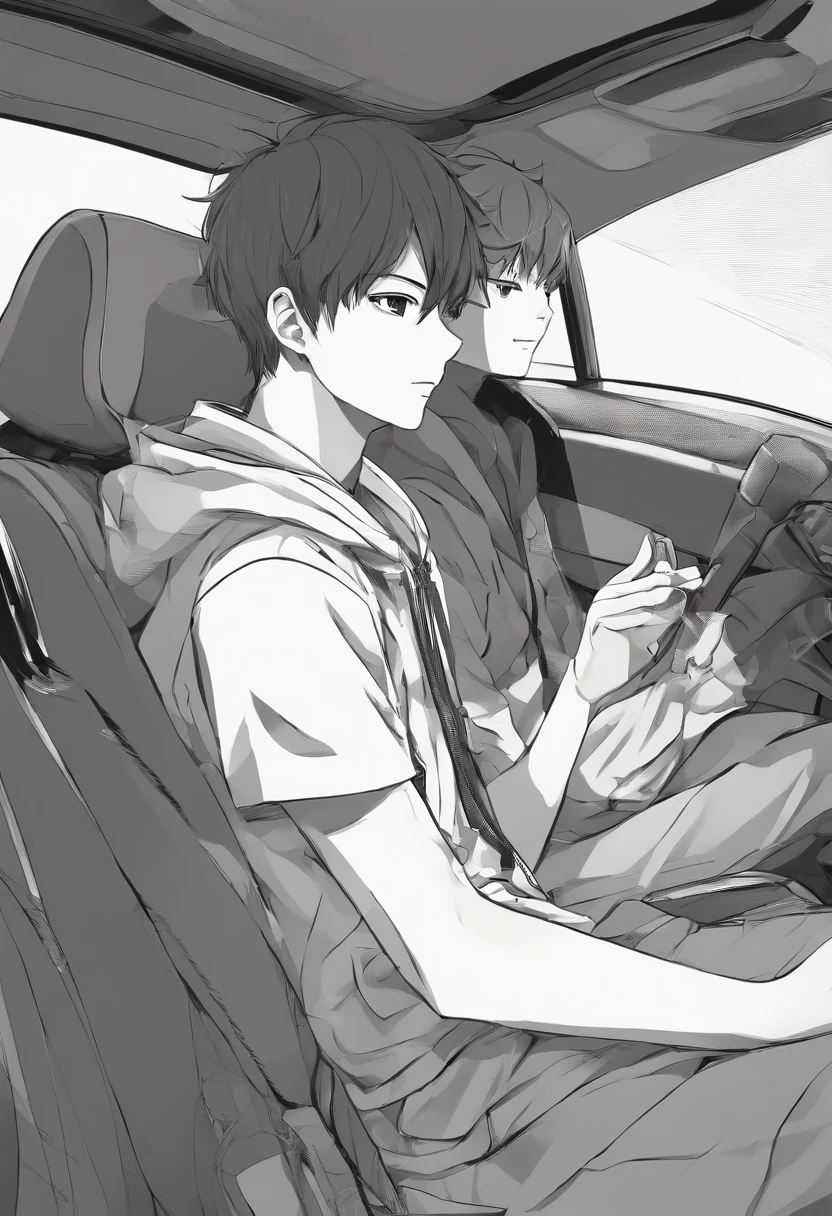 teenage boy, talking to his father inside a car, super detailed image, anime style, full hd