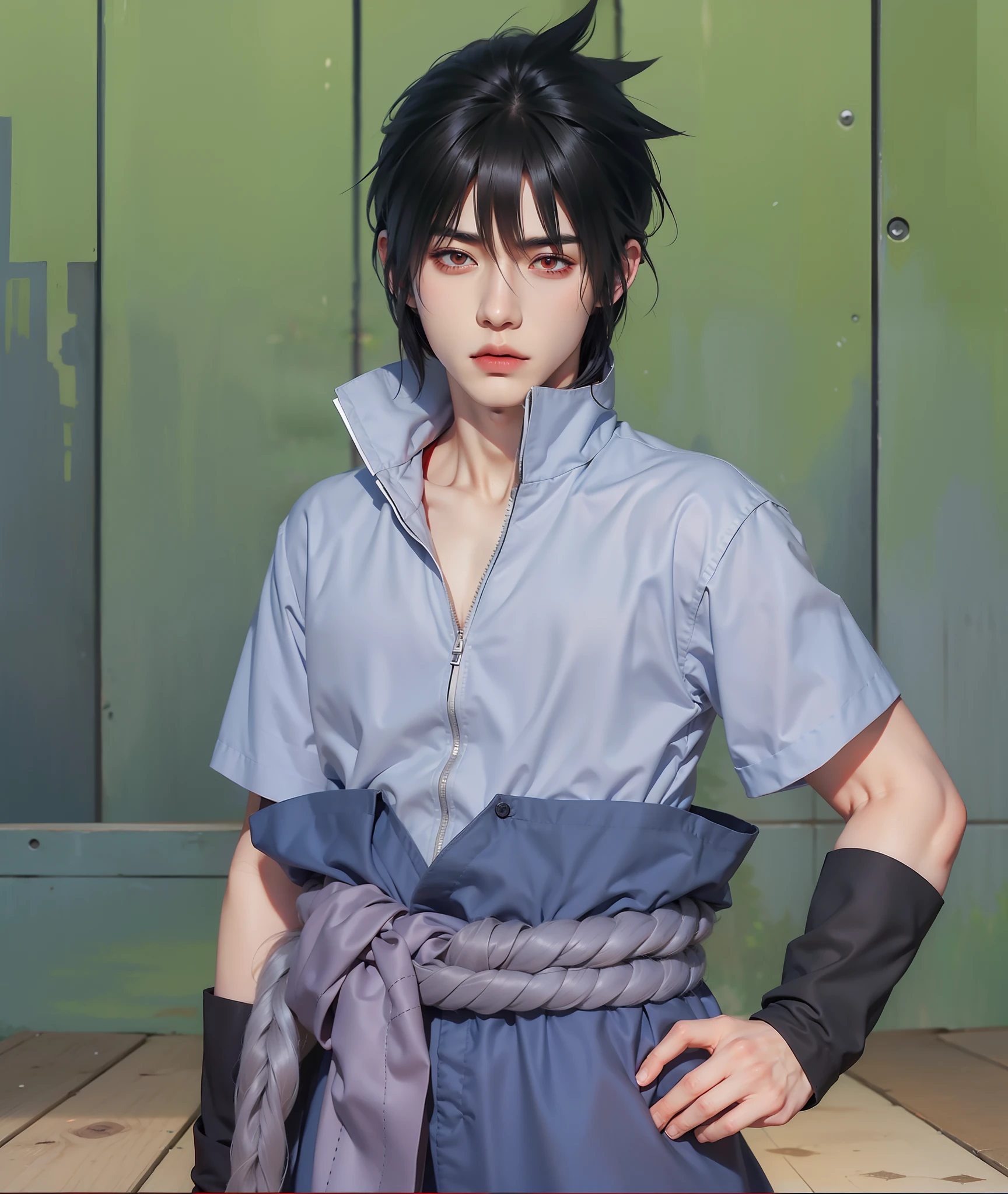 1man, hatake kakashi in anime naruto, short hair , white hair, red eyes, handsome, black clothes, realistic clothes, detail clothes, outdoor background, ultra detail, realistic
