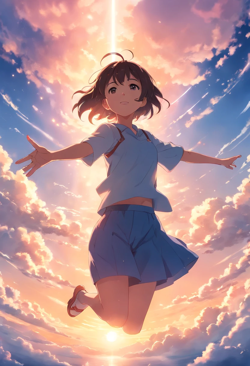 masterpiece, best quality, movie still, 1girl, cloud girl, floating in the sky, close-up, bright, happy, warm soft lighting, sunset, (sparks:0.7)