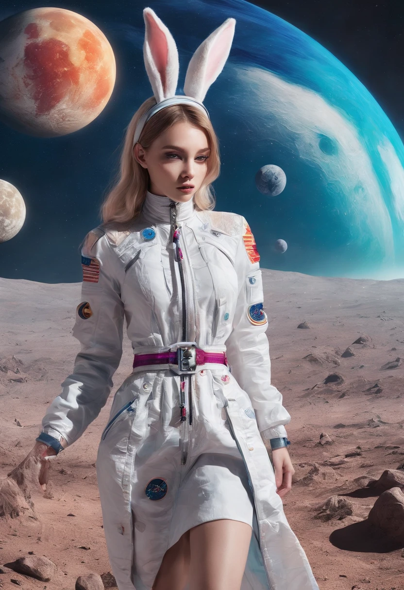 Take the rabbit、Space themed poster featuring satellites and other planets, With the moon as the main body,The rabbit and the moon are the focal points of vision,Space travelling, space graphics art in background, plethora of colors,detail-rich,, 4k highly detailed digital art, Amazing wallpapers, Surreal space, hyperdetailed colourful