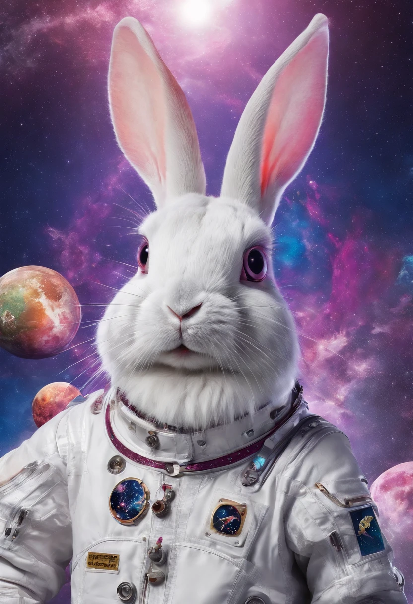 Take the rabbit、Space themed poster featuring satellites and other planets, With the moon as the main body,The rabbit and the moon are the focal points of vision,Space travelling, space graphics art in background, plethora of colors,detail-rich,, 4k highly detailed digital art, Amazing wallpapers, Surreal space, hyperdetailed colourful