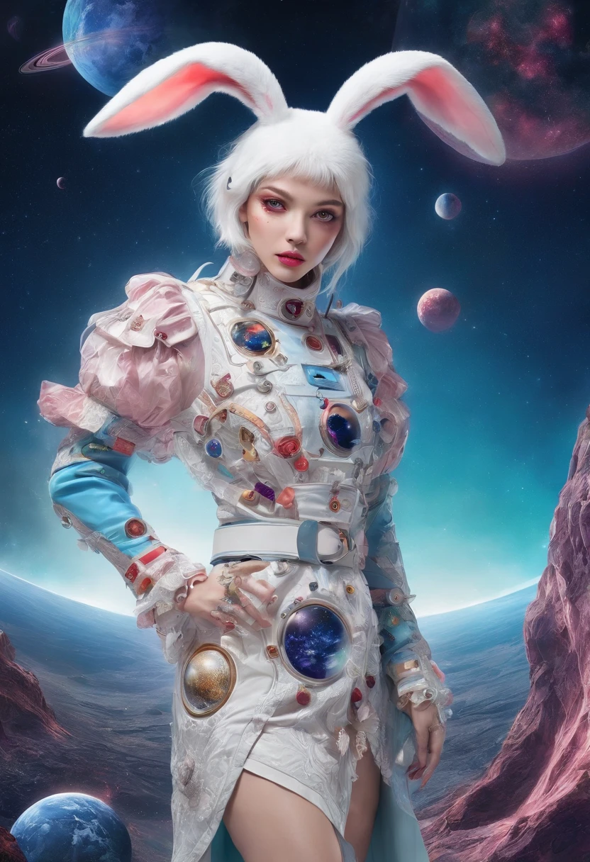 Take the rabbit、Space themed poster featuring satellites and other planets, With the moon as the main body，The rabbit and the moon are the focal points of vision，Space travelling, space graphics art in background, plethora of colors，detail-rich,, 4k highly detailed digital art, Amazing wallpapers, Surreal space, hyperdetailed colourful