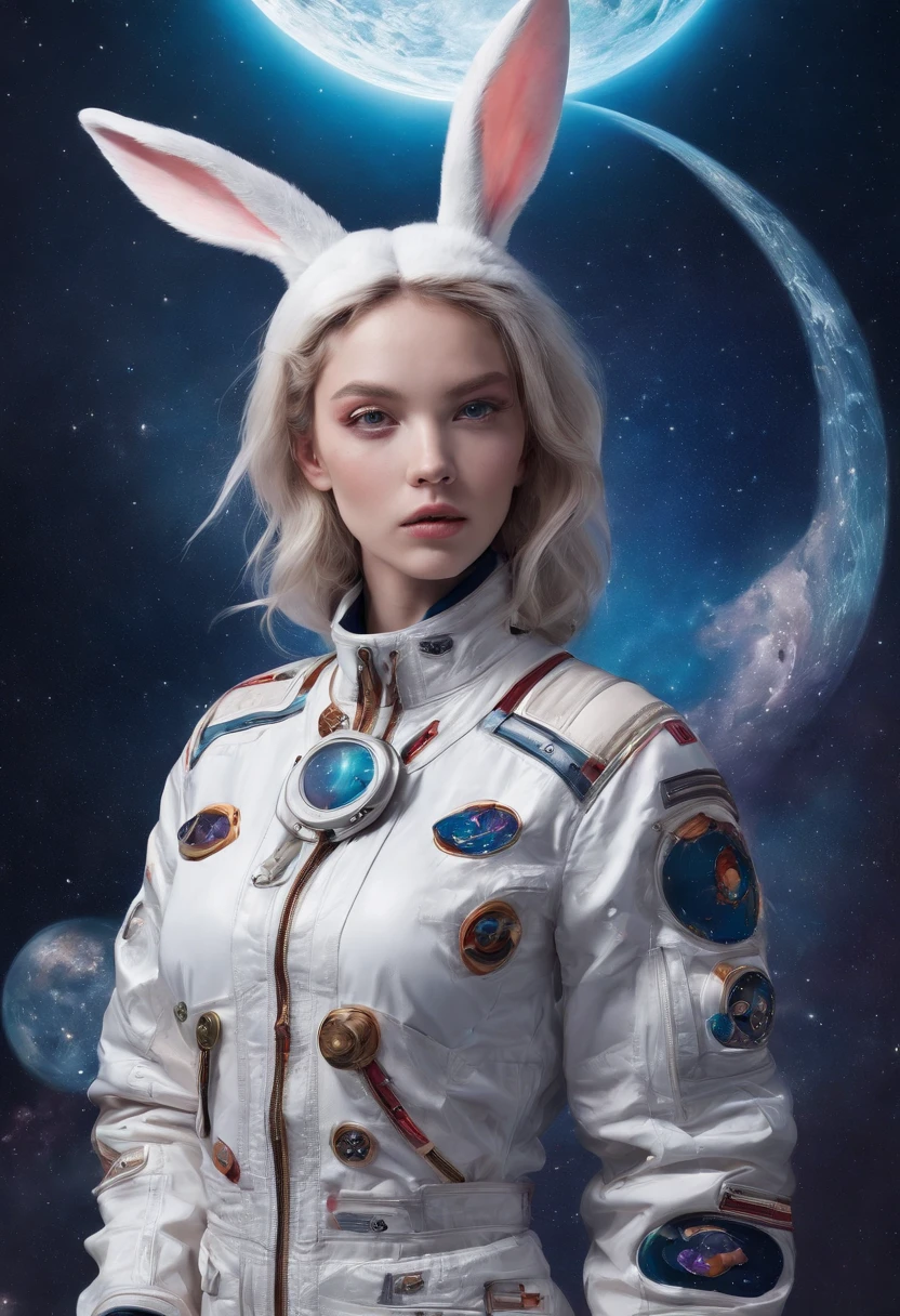 Take the rabbit、Space themed poster featuring satellites and other planets, With the moon as the main body，The rabbit and the moon are the focal points of vision，Space travelling, space graphics art in background, plethora of colors，detail-rich,, 4k highly detailed digital art, Amazing wallpapers, Surreal space, hyperdetailed colourful