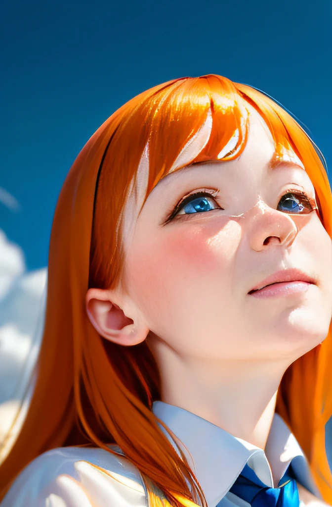 (masterpiece、top-quality:1)、(Photorealsitic:1.2)、optic、depth of fields、(Details of face、sface focus:1)、ultra-detailliert、8K、intricate-detail、(((Woman looking up at the sky:1.2)))、Angle from behind、独奏、White Business Shirt、neck tie、skinny body、plein air、blurry backround:1.5