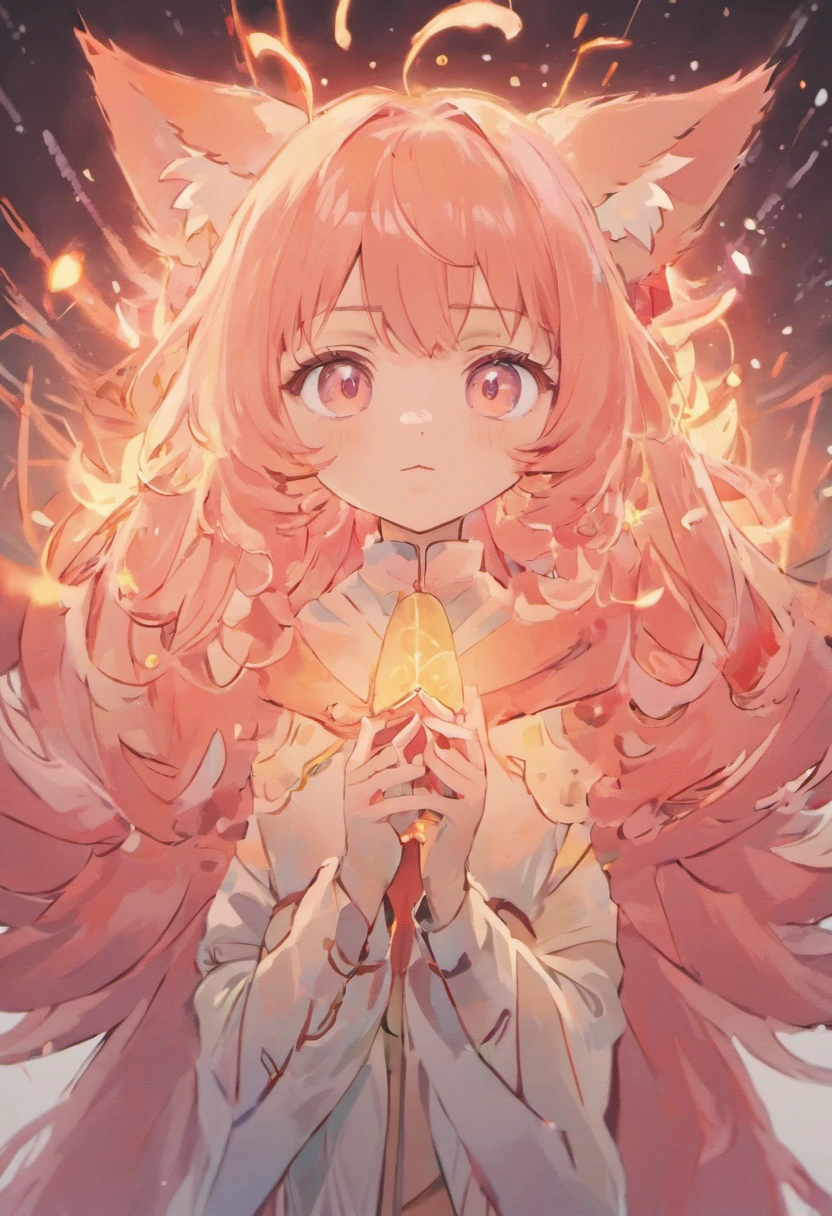 (White background:1.4),(The face of the girl's head, Eyes open, Long pink hair,pink fox ears，There are 9 fluffy fox tails，The tail has a fiery red color at the end， Oriental elements)，(Chinese Illustration:1.3，paper art:1.3, Quilted Paper Art:1.2),( Reasonable design, Clear lines, High Sharpness,Best Quality, Very detailed, masutepiece, Movie Light Effects, 4K )、Beautiful eyes