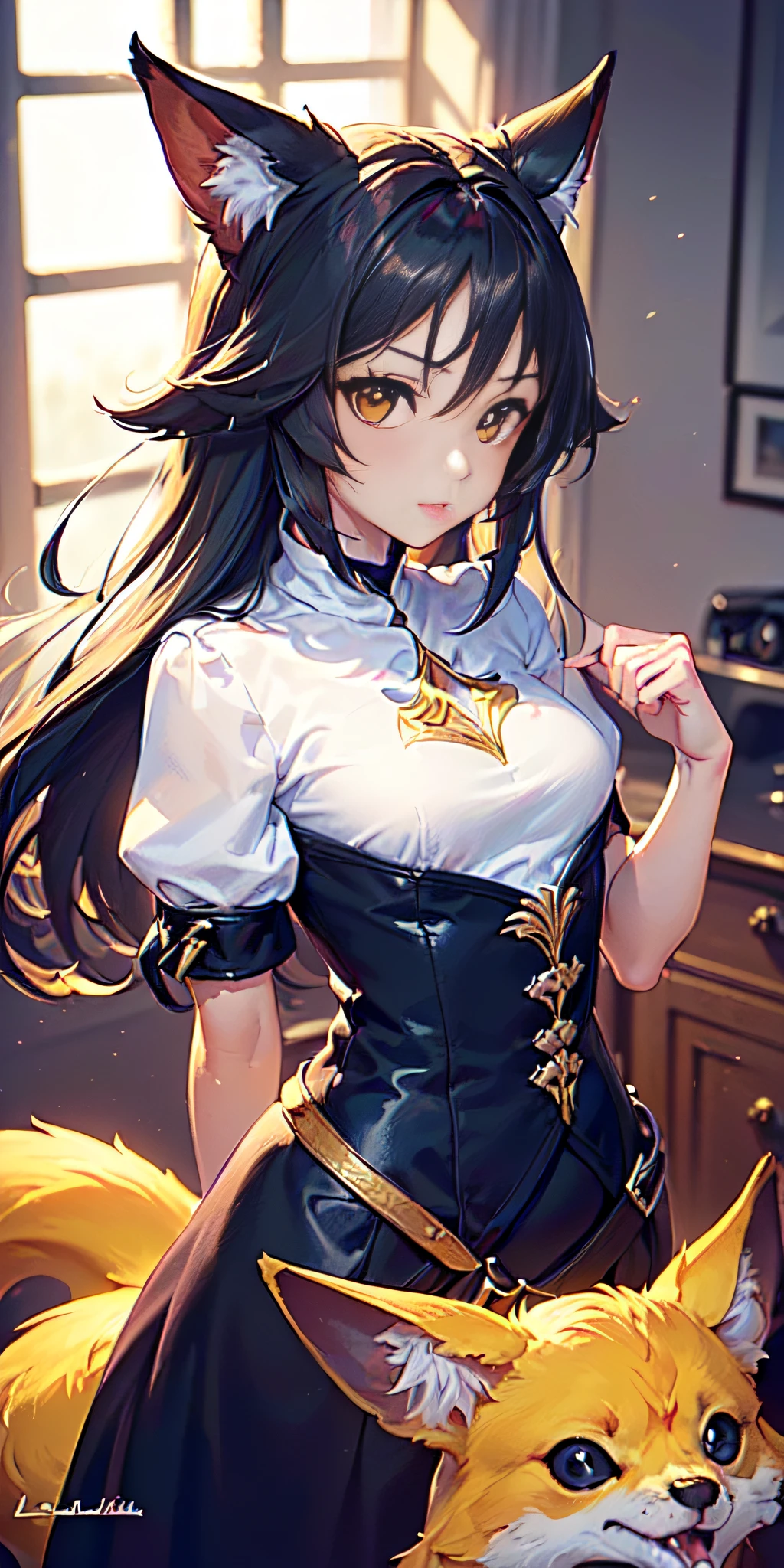 ((volumetric illumination, Las mejores sombras, Portrait Of Stunningly Beautiful Girl, little guy, Delicate beautiful attractive and symmetrical face with attractive yellow eyes, pecho redondos, senos medianos, Pelo corto de color naranja, cintura delgada, En pie, (highest qualityr, Detalles asombrosos:1.25), (solamente:1.3), Pinturas coloridas brillantes, Personaje de anime con cola de zorro, Una hermosa dama zorro, Una hermosa mujer kitsune, retrato, mini falda corta, levanta la falda, Sudadera con capucha blanca, Sudadera con capucha azul y blanca))