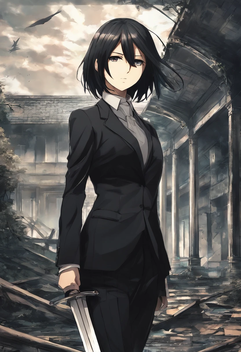 Mikasa Ackerman, dressed in elegant black suit, with a sword in her way walking around an abandoned house, super detailed image, manga style, full HD