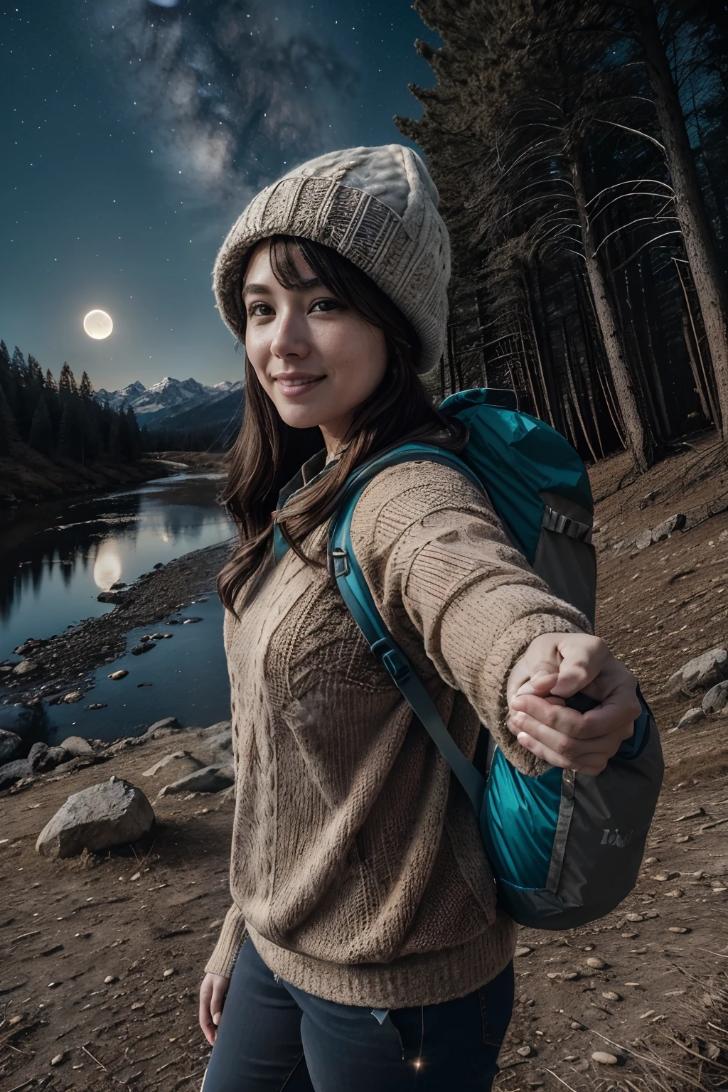 VeronicaCipher ((upper body selfie, happy)), masterpiece, best quality, ultra-detailed, solo, outdoors, (night), mountains, nature, (stars, moon) cheerful, happy, backpack, sleeping bag, camping stove, water bottle, mountain boots, gloves, sweater, hat, flashlight, forest, rocks, river, wood, smoke, shadows, contrast, clear sky, analog style (look at viewer:1.2) (skin texture) (film grain:1.3), (warm hue, warm tone) :1.2), close up, cinematic light, sidelighting, ultra high res, best shadow, RAW, upper body,  , wearing pullover
kodak vision 3,