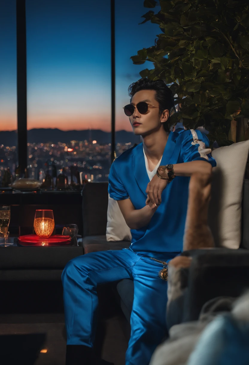 Standing on a sofa with the night view of Tawaman in the background、A man holding a wad of 10 million yen、He wears blue pants with a white Louis Vuitton T-shirt and a black up-banked hairstyle.、wears sunglasses