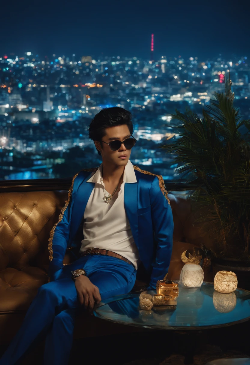 Standing on a sofa with the night view of Tawaman in the background、A man holding a wad of 10 million yen、He wears blue pants with a white Louis Vuitton T-shirt and a black up-banked hairstyle.、wears sunglasses