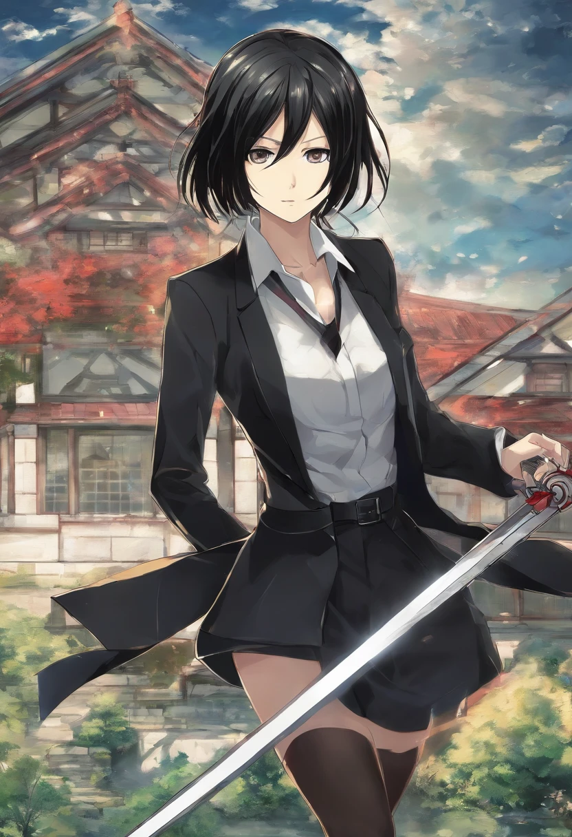 Mikasa Ackerman, dressed in elegant black suit, with a sword in her way walking around an abandoned house, super detailed image, manga style, full HD