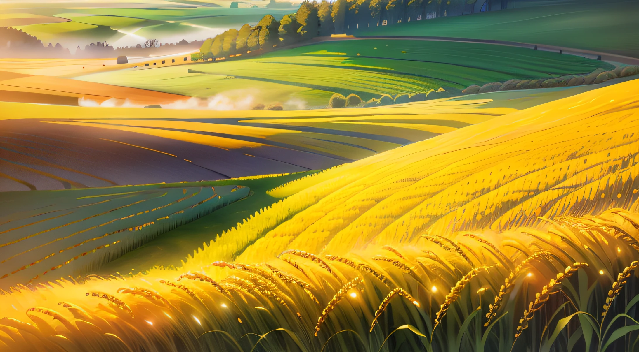 (wheat field), Wheat, Background, Gloden, scenery, the wallpaper, 4K, Masterpiece, Original art, Beautiful lighting, light streams, Caustics,lilypads, Zeiss, Sigma, Photography, Canon 5D