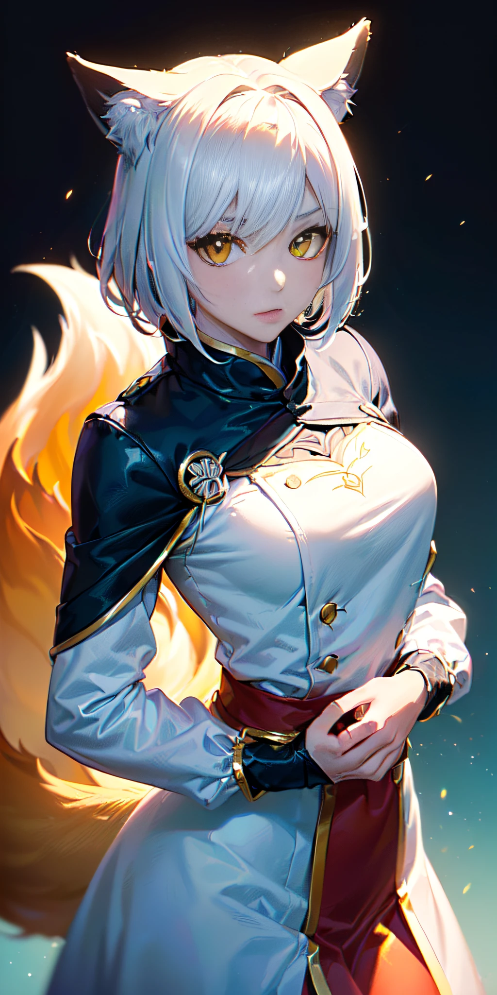((volumetric illumination, Las mejores sombras, Portrait Of Stunningly Beautiful Girl, little guy, Delicate beautiful attractive and symmetrical face with attractive yellow eyes, pecho redondos, senos medianos, Pelo corto de color naranja, cintura delgada, En pie, (highest qualityr, Detalles asombrosos:1.25), (solamente:1.3), Pinturas coloridas brillantes, Personaje de anime con cola de zorro, Una hermosa dama zorro, Una hermosa mujer kitsune, retrato, mini falda corta, levanta la falda, Sudadera con capucha blanca, Sudadera con capucha azul y blanca))