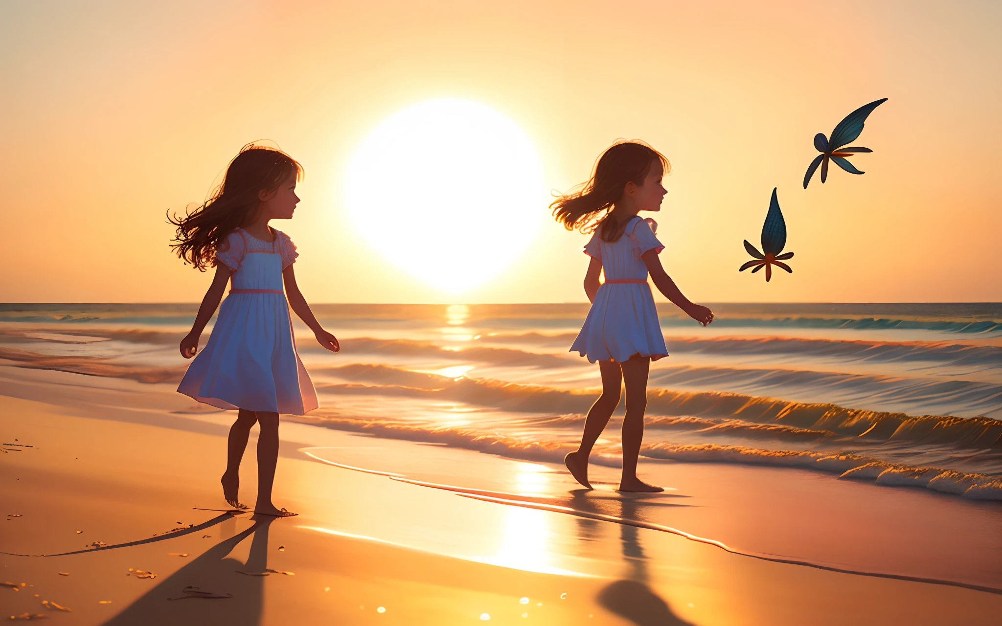 Under the golden sun, the sea breeze brushed the girl's long hair. She wore a bright bathing suit and her feet were on the fine white sand. Her smile was bright and her eyes were full of happiness and curiosity.

With a colorful maracas in her hand, the girl excitedly piled one elaborate sandcastle after another on the beach. She gently patted the sand with her small hands, and the sand castle gradually took shape, like a small castle, which makes you imagine a fairy tale.

The girl took small steps into the rough water. She jumped excitedly, enjoying the embrace of the waves. Every ripple broken by her footsteps brought a burst of joyful laughter.

In the sea, the girl found a tiny starfish. She picked it up carefully and studied the colorful body. She gently lowered it back into the water and watched it drift away, filled with awe and wonder at the sea creatures.

The girl ran to the beach again to meet the waves. She threw up her arms and enjoyed the sun, the sea and the sand. She ran and played as if she were one with the whole world.

As the sun began to set, the girl left the beach silently with a handful of shells in her hand. With the sunset glow on her back, she smiled with contentment and joy. She left footprints and joy, and took away the beauty and memories of the ocean. This day of playing on the beach has become a beautiful memory for the girl and will remain in her heart forever.