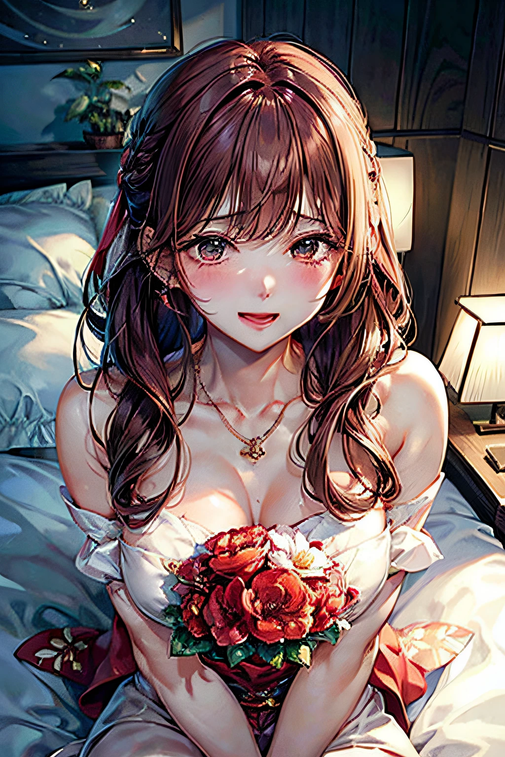 Blushing cheeks、shyly smile、optic、Upper body naked、Lovely woman,48 years old Shirtless、florals、hair pin、a necklace、piercings、Lying on your back on the bed、depth of fields、pointed red mouth、Glossy reddish-brown shorthair、closing eye、鎖骨、Beautiful fingers、Hourglass body、portrait of a full body、Yawn with mouth wide open、Grimacing in pain