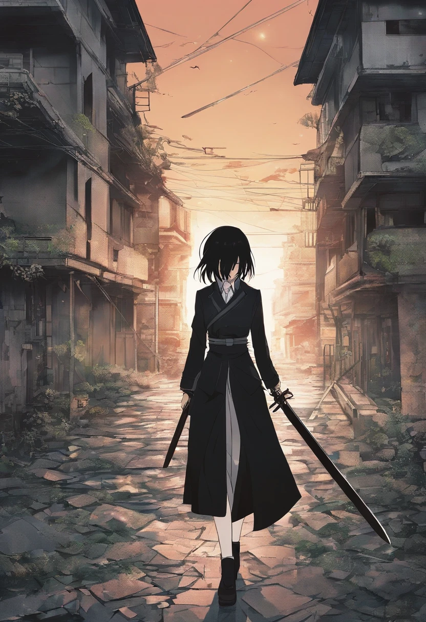 Mikasa Ackerman, with long black hair, dressed in an elegant black suit, with a sword in her path walking around an abandoned house, super detailed image, manga style, full HD
