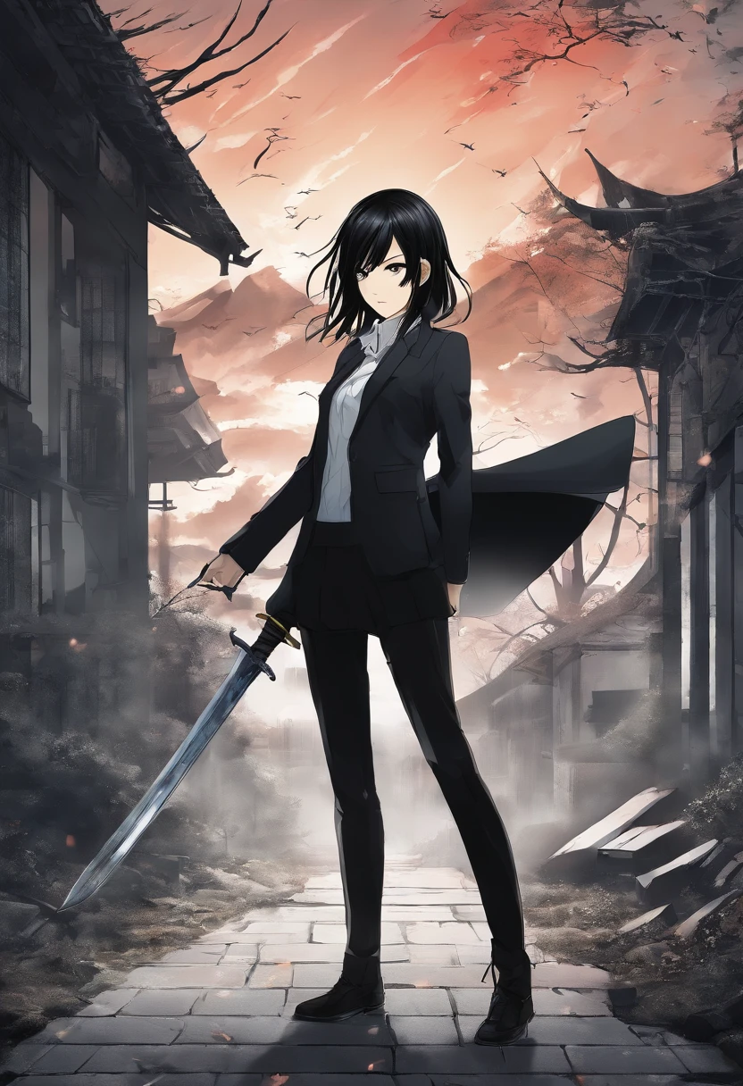 Mikasa Ackerman, with long black hair, dressed in an elegant black suit, with a sword in her path walking around an abandoned house, super detailed image, manga style, full HD