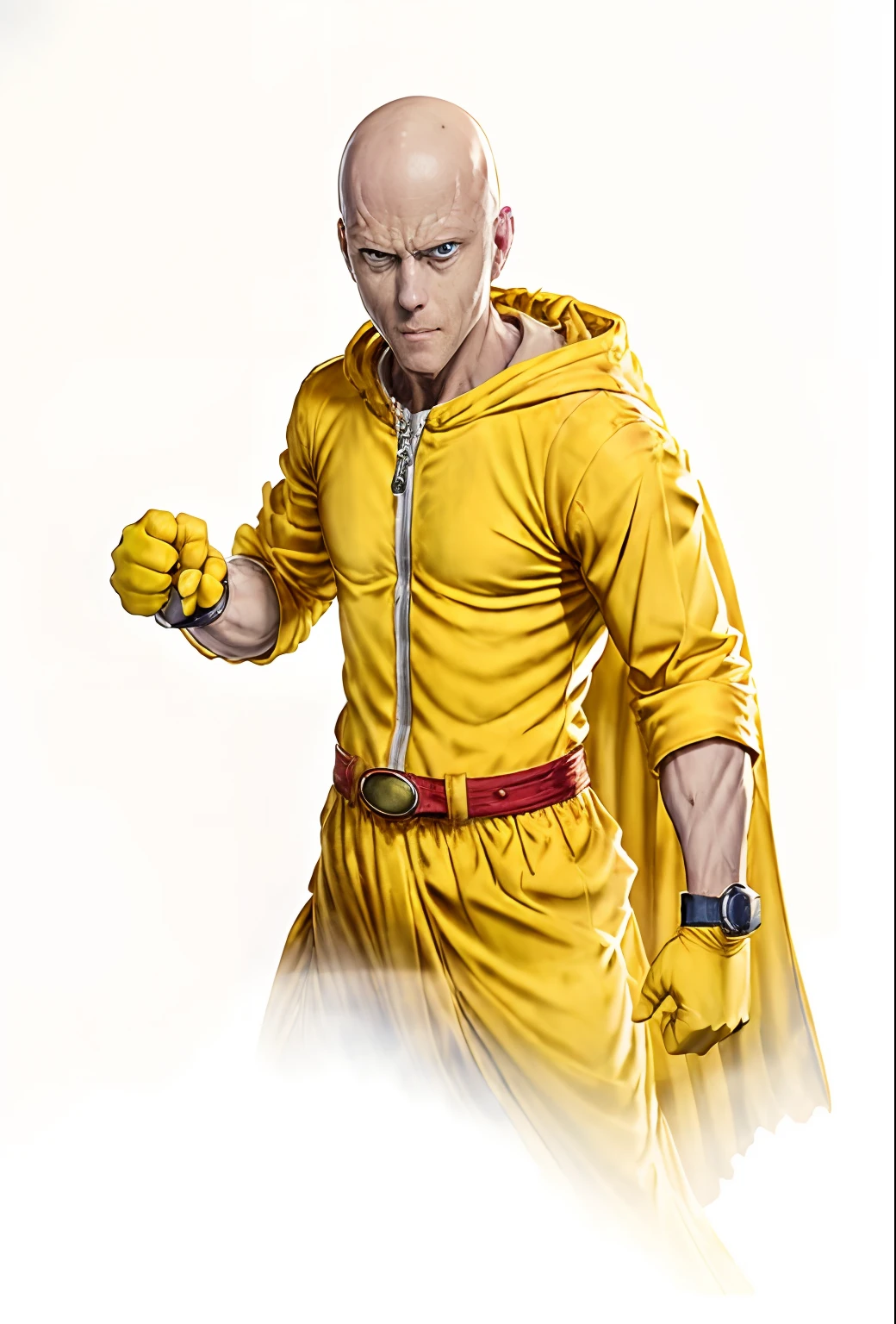 one punch man, high-detail iconic characters,Yellow clothes,White cloak,Red gloves,Dress like a hero,a smile,a picture,8K,top-quality,highest details