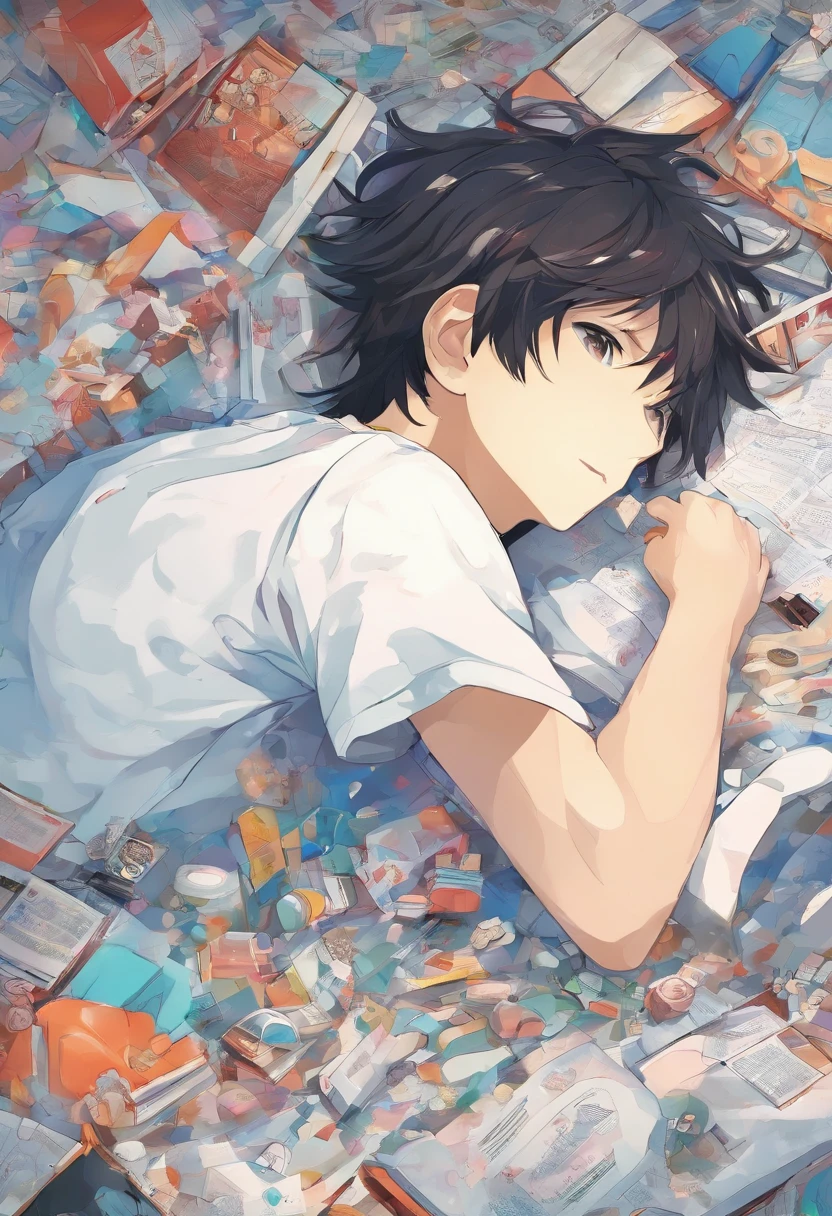Teenage boy lying down sleeping in his room, super detailed image, manga style, full HD