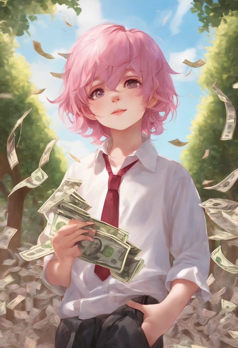 male 、Beautiful skin、long eyelashes、glares、校服、Changing clothes、Pink hair、length hair、man、pupils、Holding a wad of money、bewitching、student clothes、Angle from above
