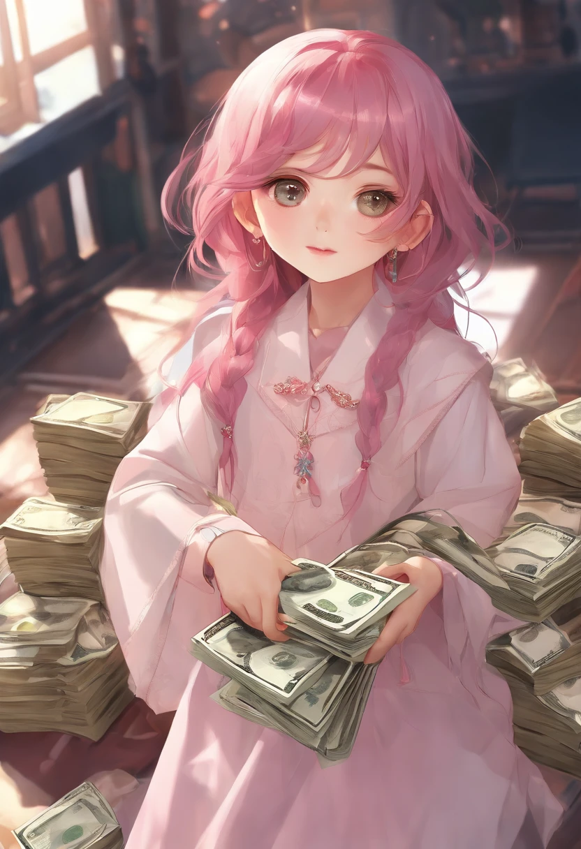male 、Beautiful skin、long eyelashes、glares、校服、Changing clothes、Pink hair、length hair、man、pupils、Holding a wad of money、bewitching、student clothes、Angle from above
