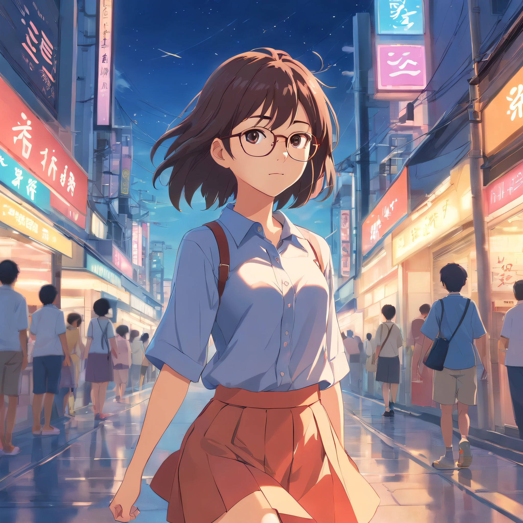 masterpiece, beautiful young girl japanese-indonesian, cute young girl in a shirt and short skirt, girl long hair, girl wearing very thin rounded glasses, cute young woman, asian, background placed in Indonesia, ideal girl, full body look, very cute girl, real makoto shinkai, based form suzume film of makoto shinkai