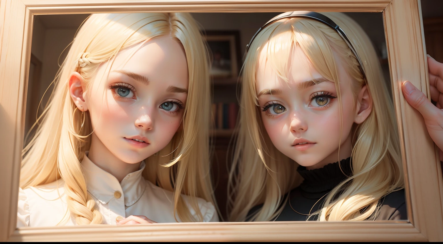 holding a photo frame of father and daughter with blonde hair