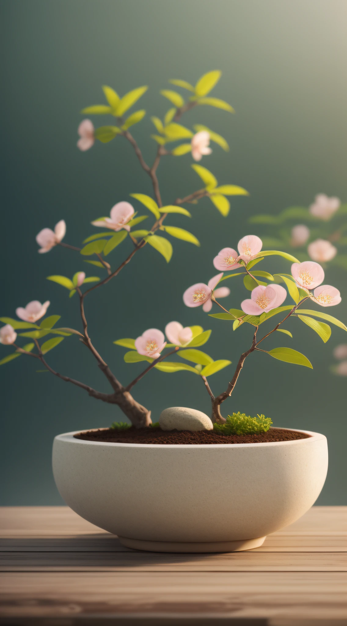 a plant, potted, still-life, Winters, Peach blossoms, Rock garden, Bonsai fog, haze, Exquisite details, super exquisite details, complexdetails, cinematic style, hyper realism soft light, Evening sun illumination, diffused soft light, shallowdepthoffield, Sharp focus bokeh, Ray traching, sub surface scattering, the ultra-detailed(复杂、meticuloso、Super refined)the detail, ultra-realistic realism.