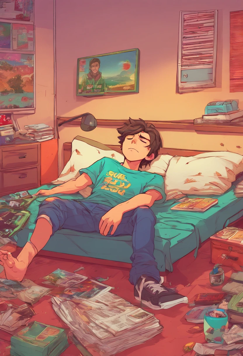 Teenage boy lying down sleeping in his room, super detailed image, anime, full HD