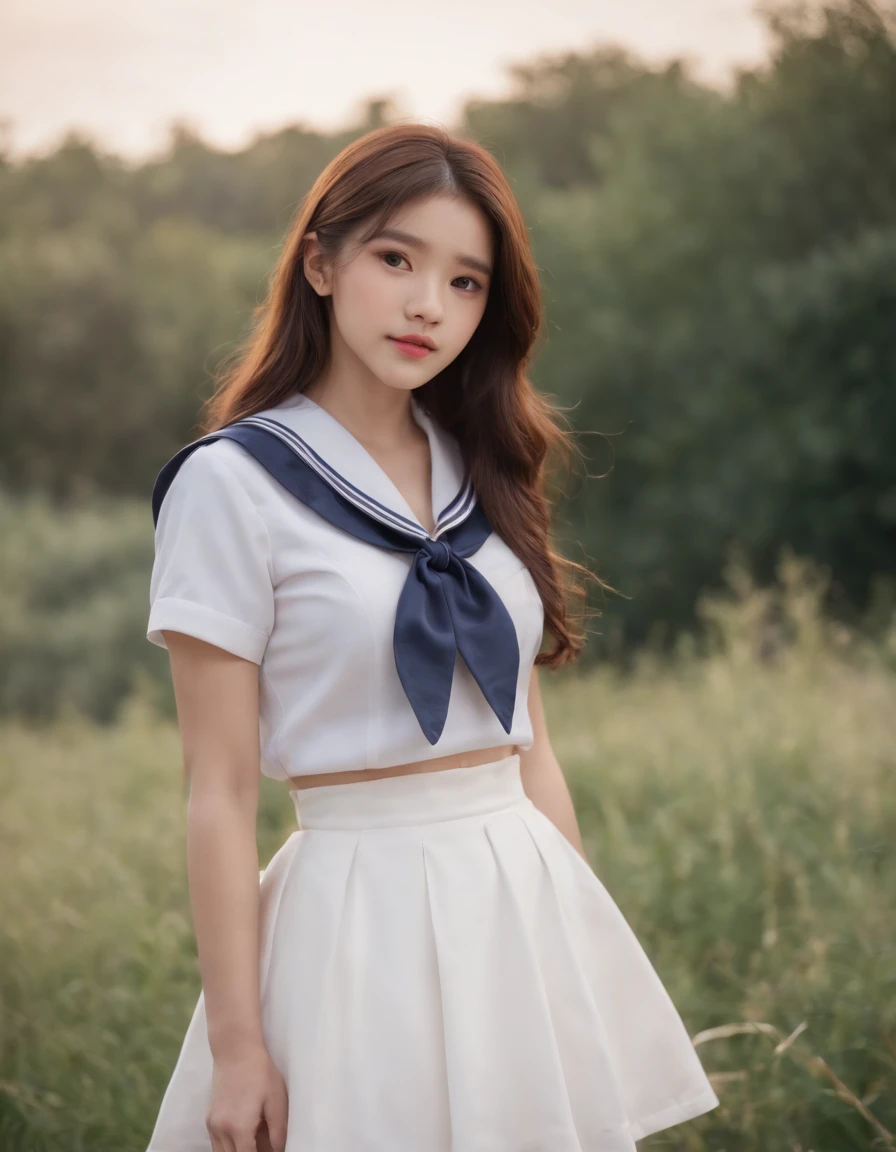 Random Pose, best quality, 1girl, long hair, beautiful eyes, a sailor suit,Dark blue pleated skirt,sailor collar, neckerchief, short sleeves, white skirt, Film grain, chromatic abberation, Sharp Focus, face lights, Dynamic lighting,, ((upper body)), standing, outdoors, medium shot, high quality photo.