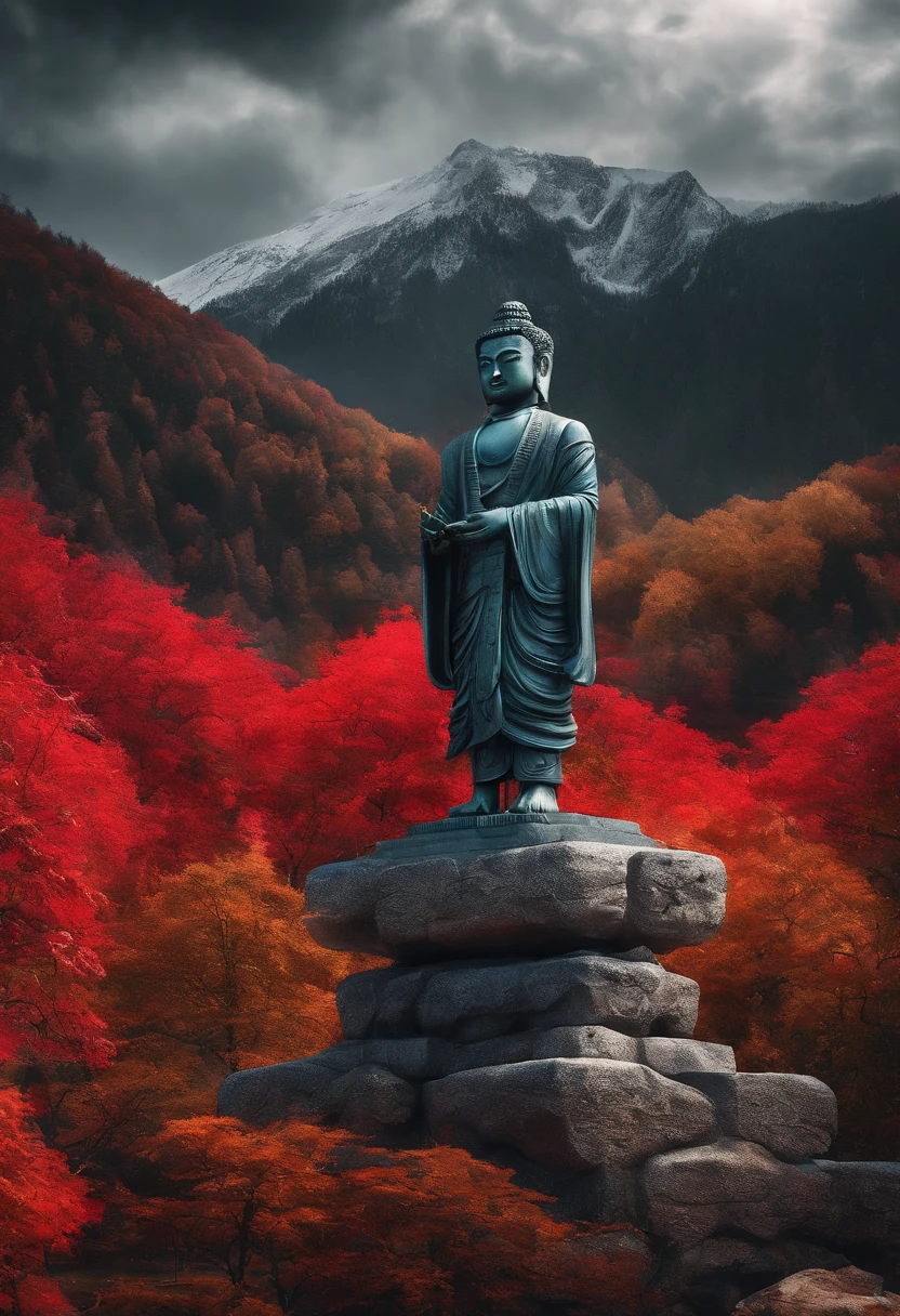dark stormy clouds,Deep in the mountains stands a tall stone statue of Shakyamuni,Solemn and sacred,well dressed,The law is solemn,facing to audience,Mountains in the distance,Maple leaves in late autumn are red,Concept photography,Rich imagination,Extremely rich picture detail,8k wallpaper,A masterpiece of photography