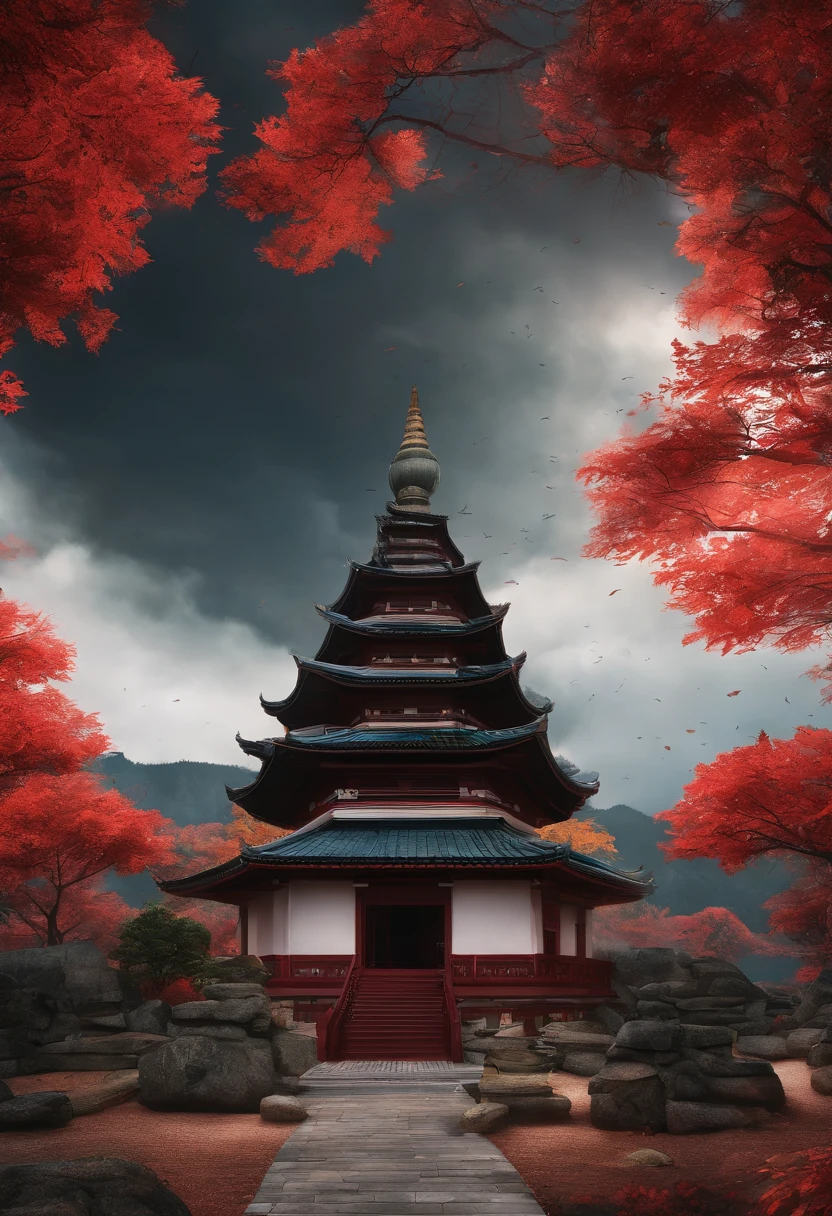 dark stormy clouds,Deep in the mountains stands a tall stone statue of Shakyamuni,Solemn and sacred,well dressed,The law is solemn,facing to audience,Mountains in the distance,Maple leaves in late autumn are red,Concept photography,Rich imagination,Extremely rich picture detail,8k wallpaper,A masterpiece of photography