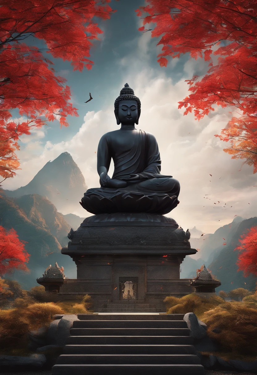 dark stormy clouds,Deep in the mountains stands a tall stone statue of Shakyamuni,Solemn and sacred,well dressed,The law is solemn,facing to audience,Mountains in the distance,Maple leaves in late autumn are red,Concept photography,Rich imagination,Extremely rich picture detail,8k wallpaper,A masterpiece of photography