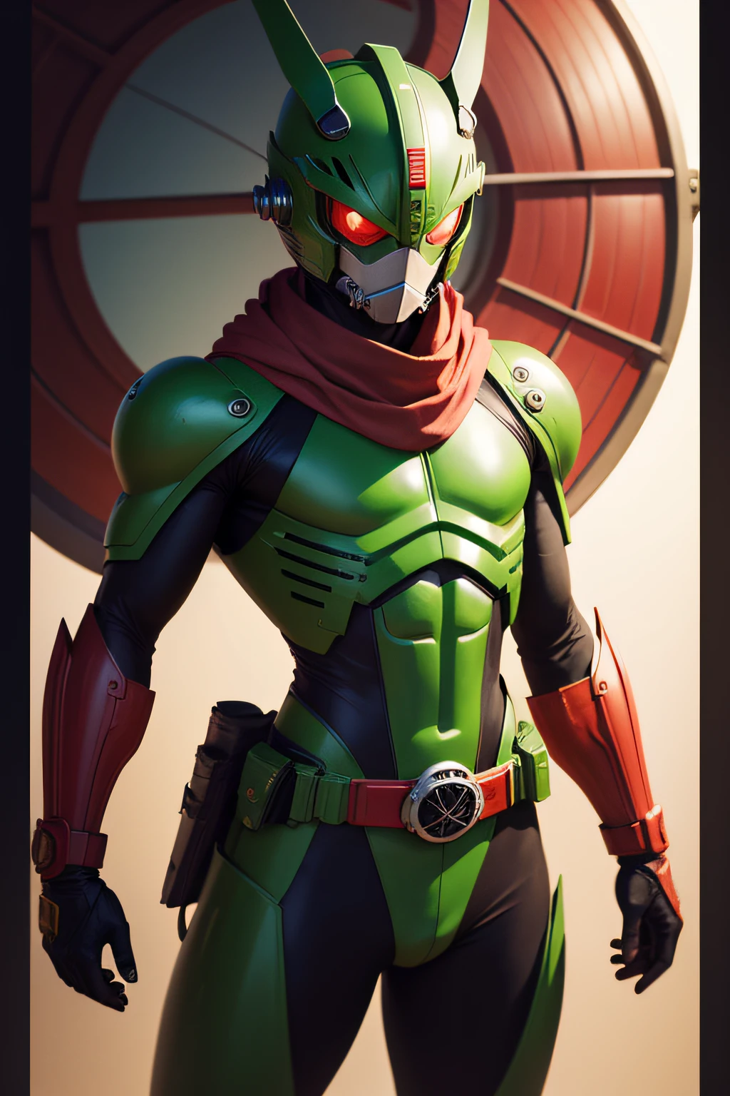 masutepiece, Highest Quality, Illustration, Green bodysuit, red scarf, Mask, helmets, Eyes round and big、tokusatsu, male people、Grasshopper mask, Solo, Full body, Came a windmill belt at the waist,