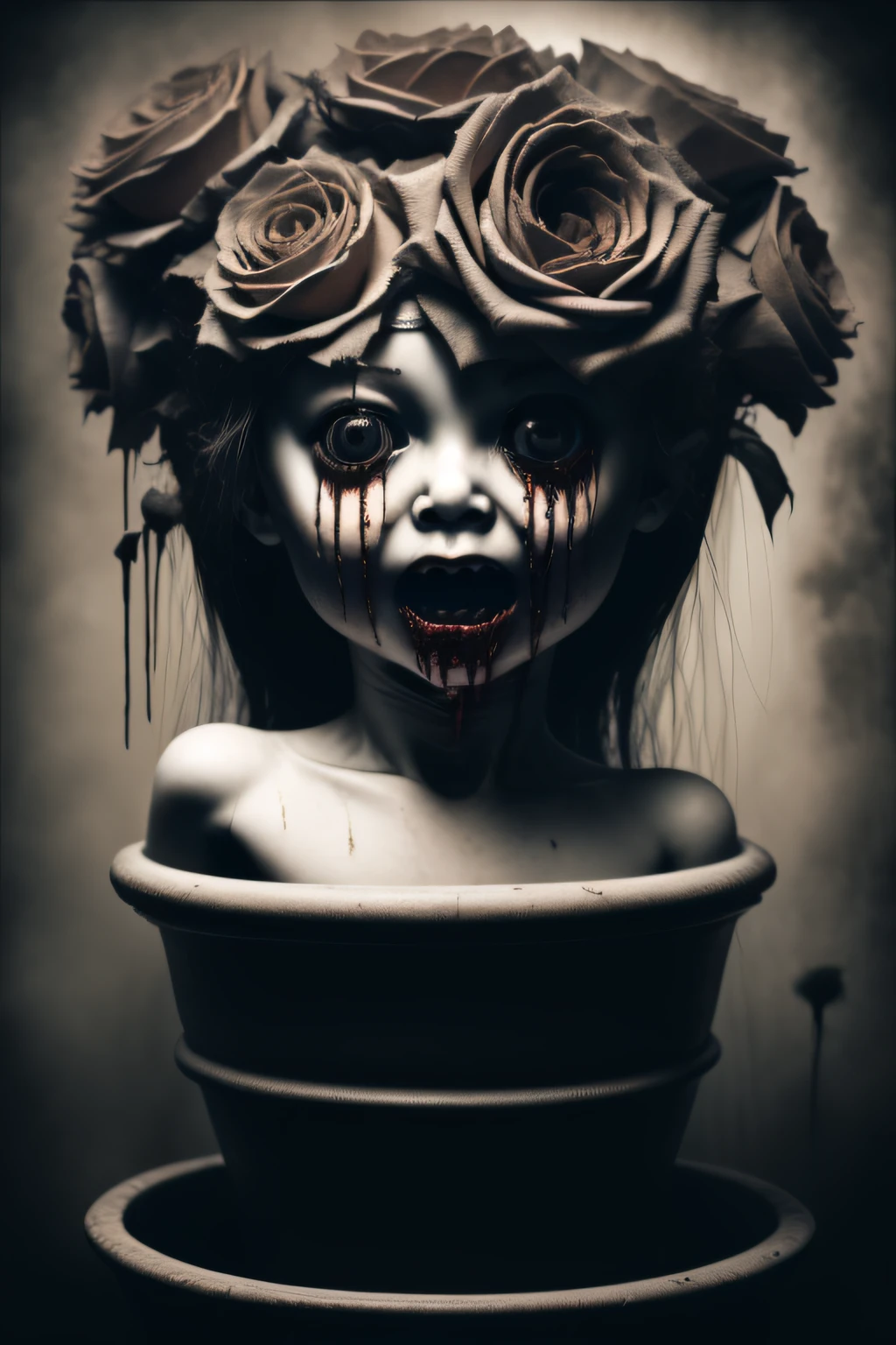 tmasterpiece,best qualityer,horror,scary picture,Baby human head in a flower pot,No eyeballs,open open mouth,bleed,nigth