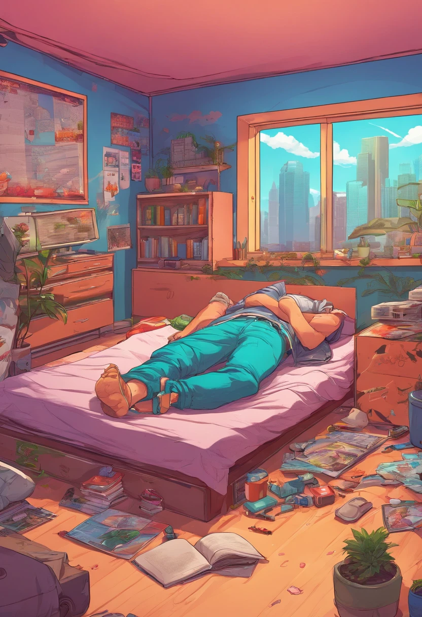 Teenage boy lying down sleeping in his room, super detailed image, anime, comic, full HD