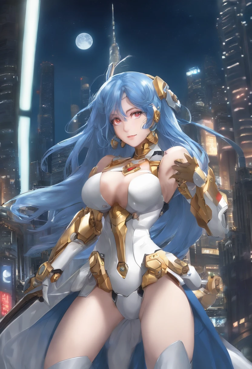 (masutepiece, Best quality;1.3), Extremely detailed ,ultra - detailed, 1girl in,Solo, double tails, Large full breasts, Evil smile, gundam(RX78), Science fiction, mechs, , Blue hair, Solo, hair adornments, Long hair, double tails, Gold eyes, jewelry, Earrings, view the viewer,shinjuku city background,Night, many neon signs, moon base, Detailed dress, Micro Mini Skirt, From below, Sitting,, chest circumference,Full body shooting.