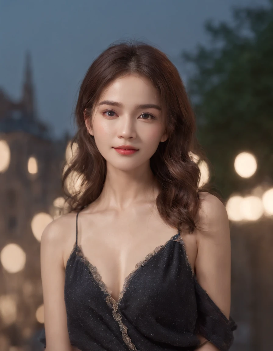 Random Pose, mix4, (8K, RAW photo, top quality, masterpiece: 1.45), (Realistic, photorealistic: 1.37), One girl, cute, smiling, cityscape, night, professional lighting, photon mapping, radiosity, physically based rendering, gradient black hair, gray hair, short curly, handsome, girl, small breasts, white Deep V Neckline Slip Dress, quality photo, high resolution, 1080p, (clear face), (detailed face description), (masterpiece), realistic, extreme light and shadow, disheveled hair, masterpiece, rich details, (fine facial features), (best quality photo), (best quality photo), (masterpiece), look in front of you, fine collarbone,highlight armpits,, medium shot, high quality photo.
