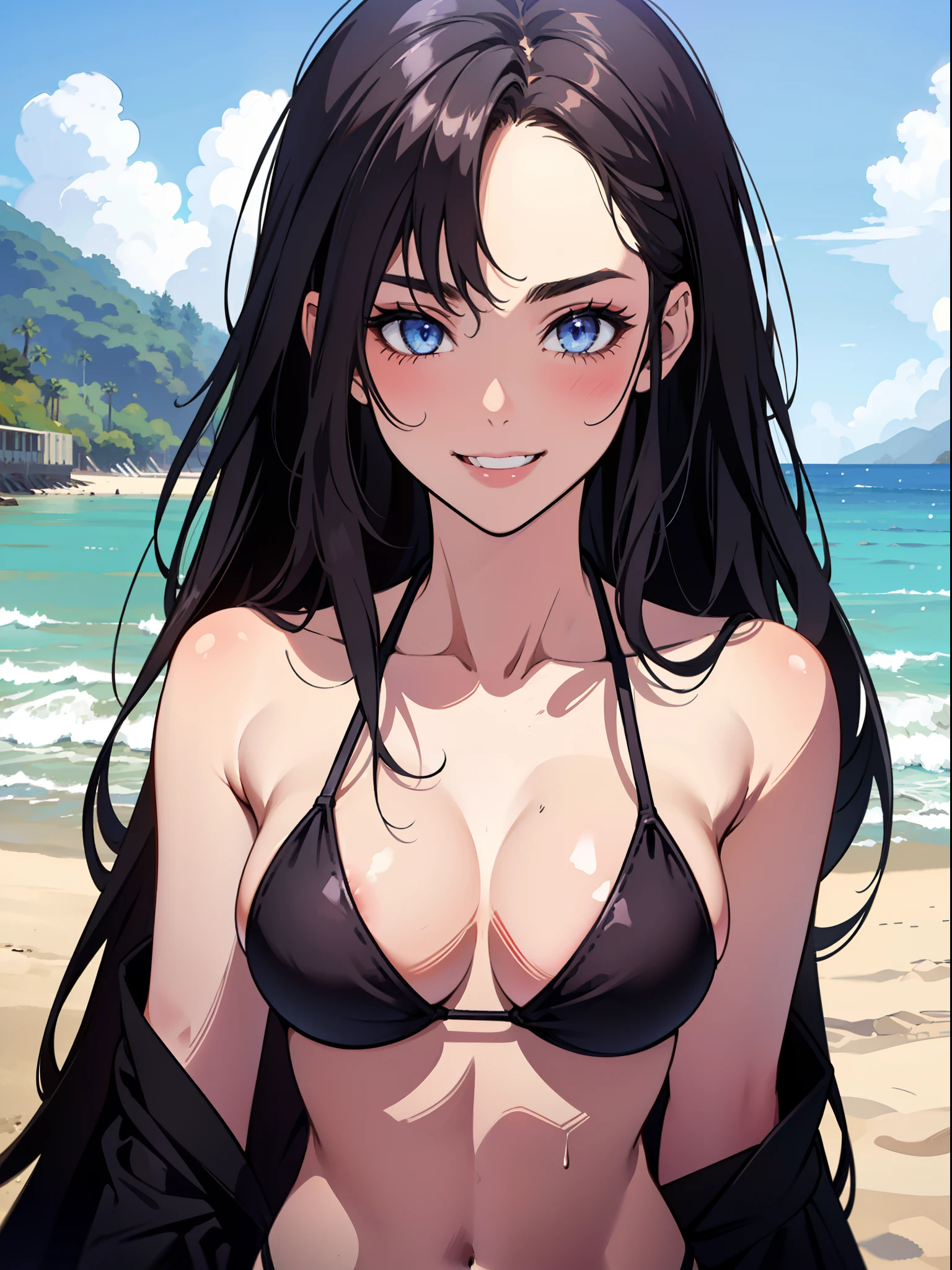 (((one girl))), dark blue eyes, long hair, A beautiful girl is on the beach, 25 years old, masterpiece, High contrast, (((black bikini))), big breasts, (high quality :1.5), black hair, (((happy, smiling with mouth closed)), blush, Tall body, mature woman, outdoors, mature face, ((high resolution)), ((beach, empty beach)), ((portrait view)), ((sexy woman, seductive)),