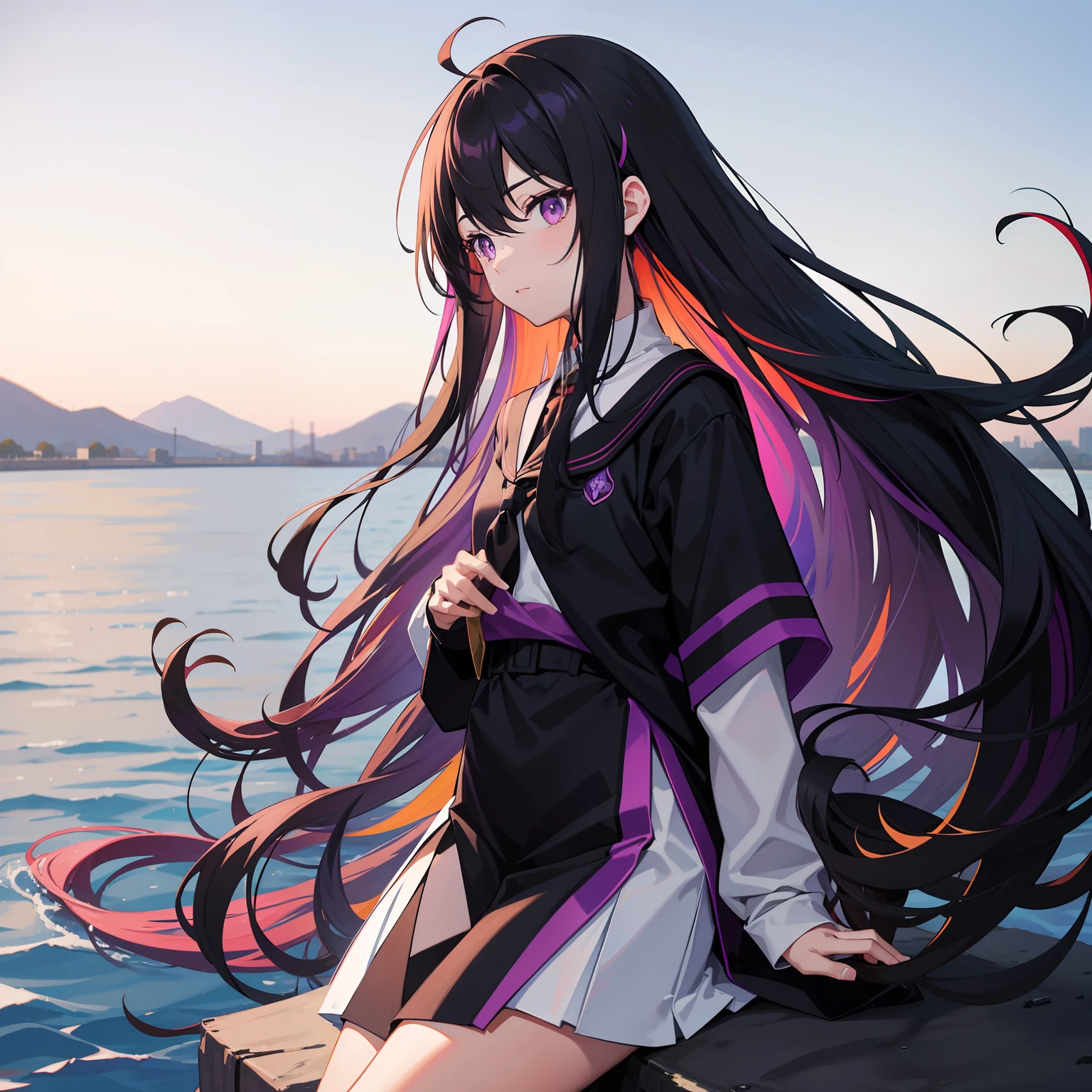 Long hair in multicolored colors,Purple eye,black school uniform,horizon,Across the river,Black Silk Girl,Barefoot