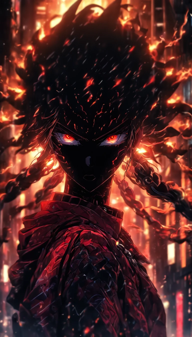 1 Japanese girl, battle armor, Intricate pattern, heavy metal, Energy lines, Faceless, Glowing eyes, elegant, Intense, blood red and black uniform, Solo, modern, City, Streets, Dark clouds, thunderstorm, heavy rain,, Dramatic lighting,, (Masterpiece:1.2), Best quality, high resolution, Beautiful detailed, Extremely detailed, Perfect lighting,