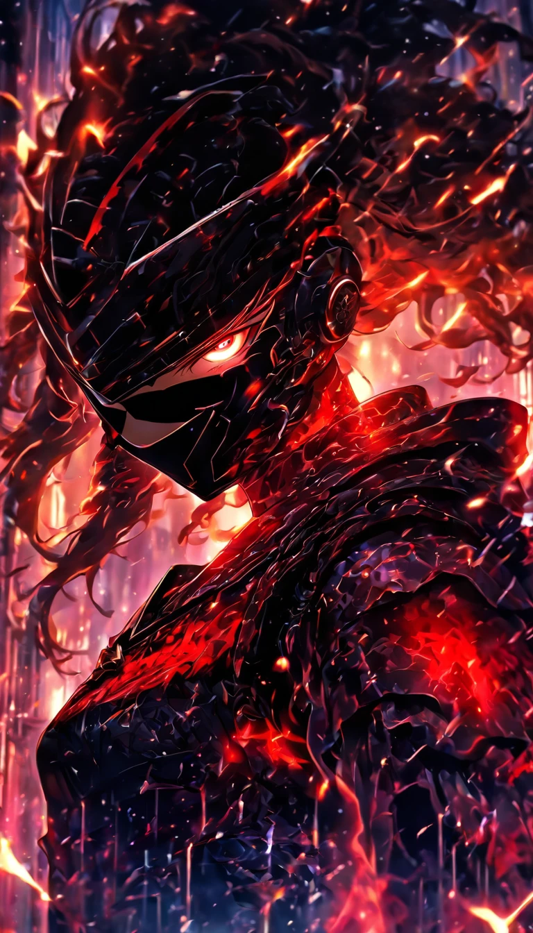 1 Japanese girl, battle armor, Intricate pattern, heavy metal, Energy lines, Faceless, Glowing eyes, elegant, Intense, blood red and black uniform, Solo, modern, City, Streets, Dark clouds, thunderstorm, heavy rain,, Dramatic lighting,, (Masterpiece:1.2), Best quality, high resolution,   Beautiful detailed, Extremely detailed, Perfect lighting,