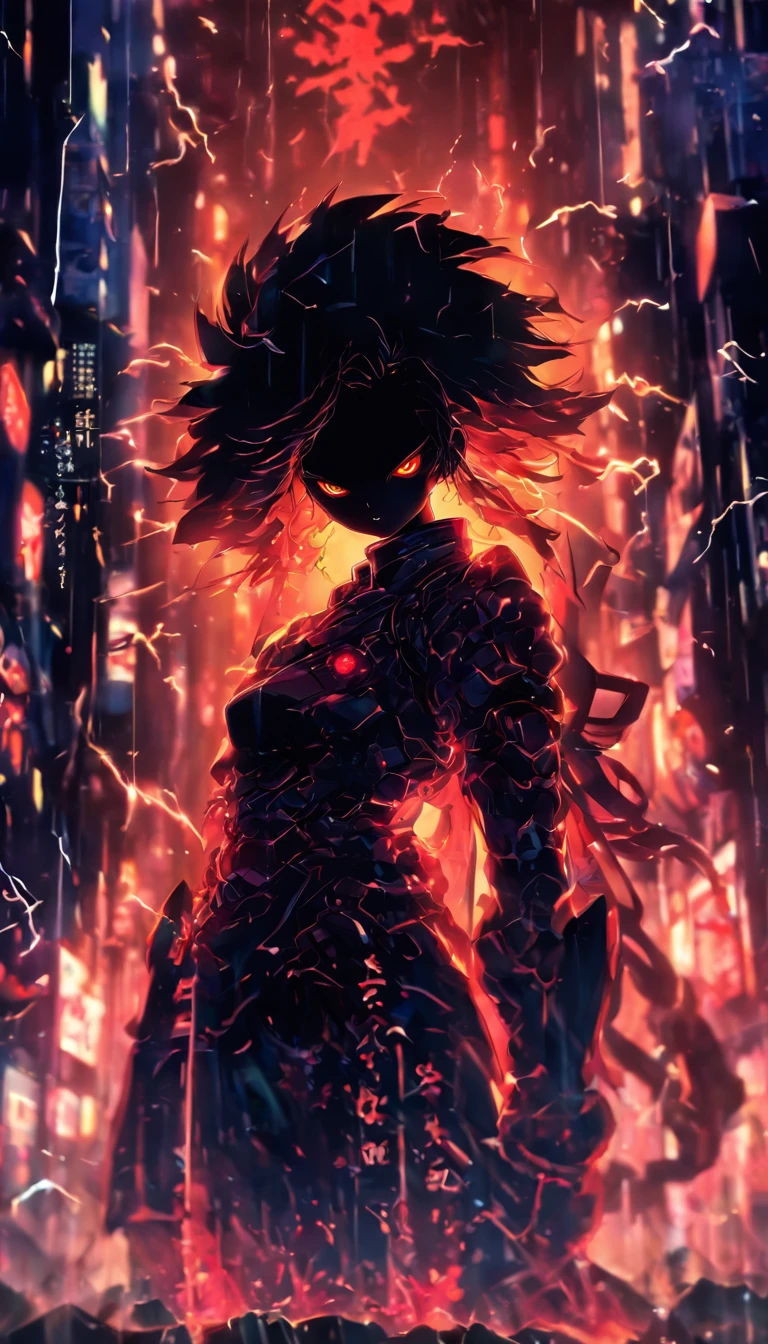 1 Japanese girl, battle armor, Intricate pattern, heavy metal, Energy lines, Faceless, Glowing eyes, elegant, Intense, blood red and black uniform, Solo, modern, City, Streets, Dark clouds, thunderstorm, heavy rain,, Dramatic lighting,, (Masterpiece:1.2), Best quality, high resolution, Beautiful detailed, Extremely detailed, Perfect lighting,