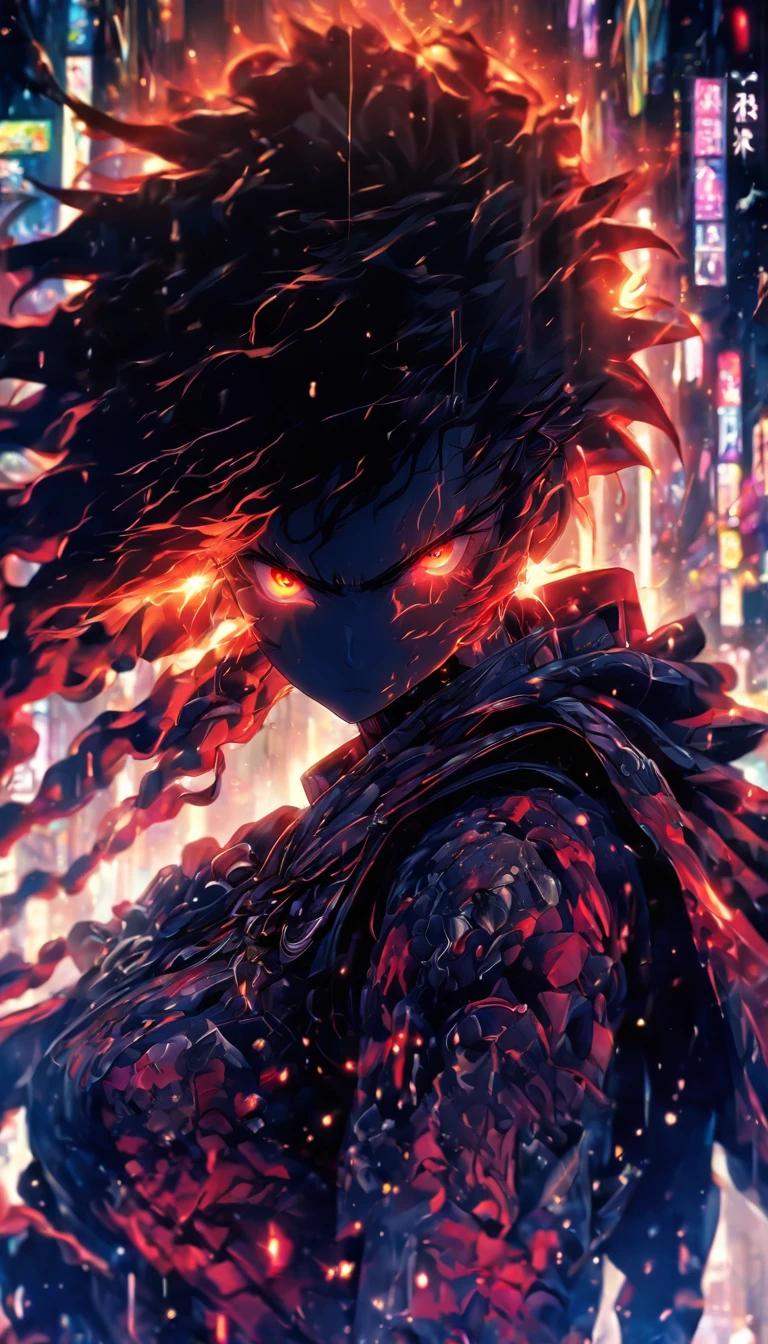 1 Japanese girl, battle armor, Intricate pattern, heavy metal, Energy lines, Faceless, Glowing eyes, elegant, Intense, blood red and black uniform, Solo, modern, City, Streets, Dark clouds, thunderstorm, heavy rain,, Dramatic lighting,, (Masterpiece:1.2), Best quality, high resolution,   Beautiful detailed, Extremely detailed, Perfect lighting,