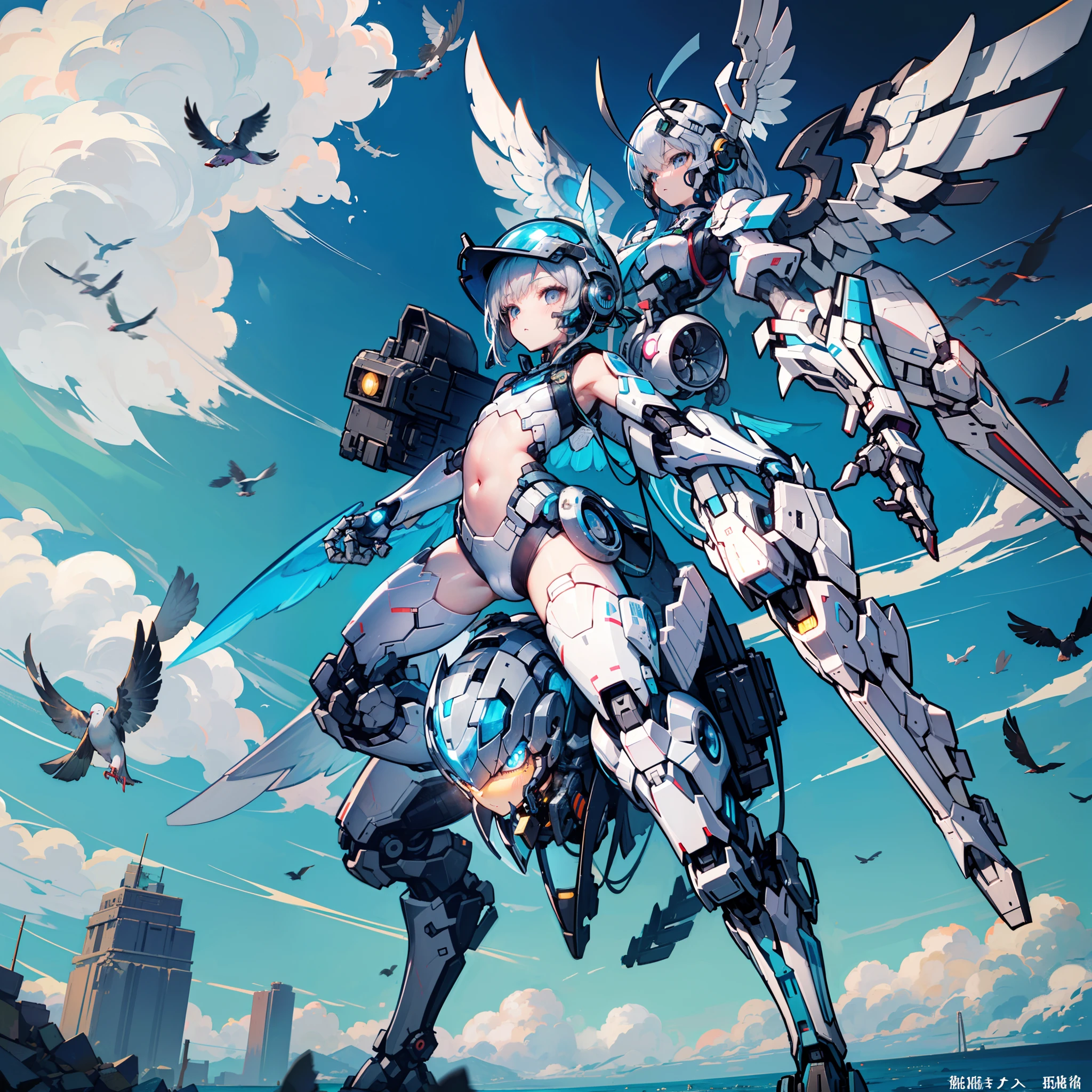 hyper HD, retinas, Anatomically correct, Textured skin, Super detail, Best quality, A high resolution(细腻细致), (Intricate details), (Cinematic light, 最优质的背光), 清晰的线条, From below, solo female，perfect bodies，(2girls),little girl,lori,child,(Petite and cute:1.3),flat chest,Short hair,whaite hair,With gray eyes,Bob Head,(High-tech full-face helmet:1.4),(mechanical angel:1.4),(Projection light wing:1.3),mechanicalparts,Mecha musume,Fusion mech,Mecha,(Bionic machinery(pigeons):1.3),the sky background,