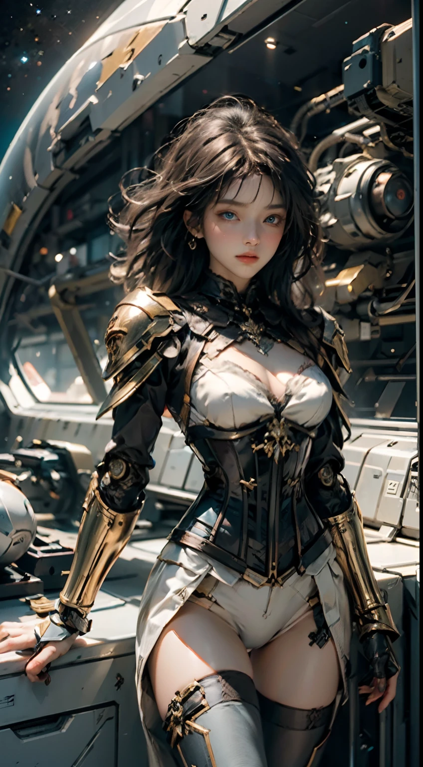 (Extreme Detail CG Unity 8K Wallpapers,tmasterpiece,Highest image quality),(Delicate light and shadow,The picture is highly dramatic,Cinematic lens effect), space backdrop、In the universe(the sailor moon:1.1),Exposes thigh skin、Smooth skin、perfect thighs、Complete legs,You can see and see the knees,,, eBlue eyes,Golden hair, Tight-fitting futuristic corset、Shoulders are worn in heavy mechanical armor),The background is the universe、Space capsule、space ship(Exceptional detail,The lighting effect is outstanding,Vista wide angle),(Excellent rendering,Enough to stand out from the crowd),